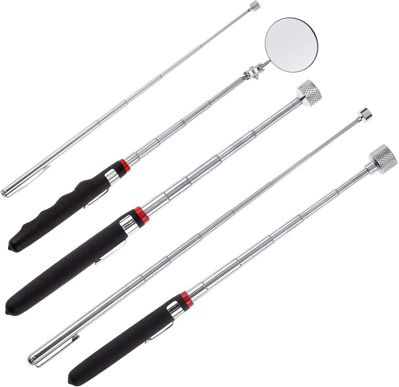 5 Pieces Magnetic Telescoping Pick-up Tool Kit with 1 lb/ 15 lb Pick-up Rod, Telescoping Handle 360 Swivel Round Inspection Mirror for Extra Viewing Pickup Dead Angle