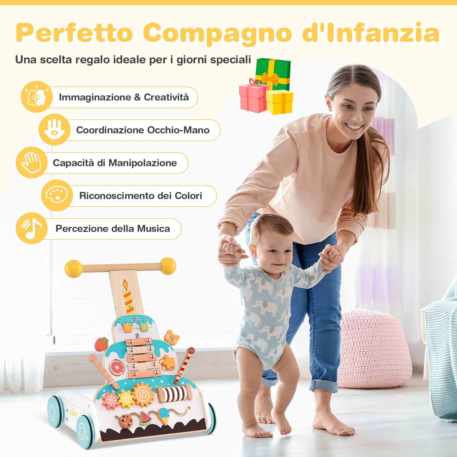 COSTWAY Carrello Primi Passi Spingitore Evolutivo Regolabile in Altezza | Girello in Legno con Xilofono, Blocchi Scorrevoli e Perline Mobili, Centro Attività per Bambini 1+ Anni