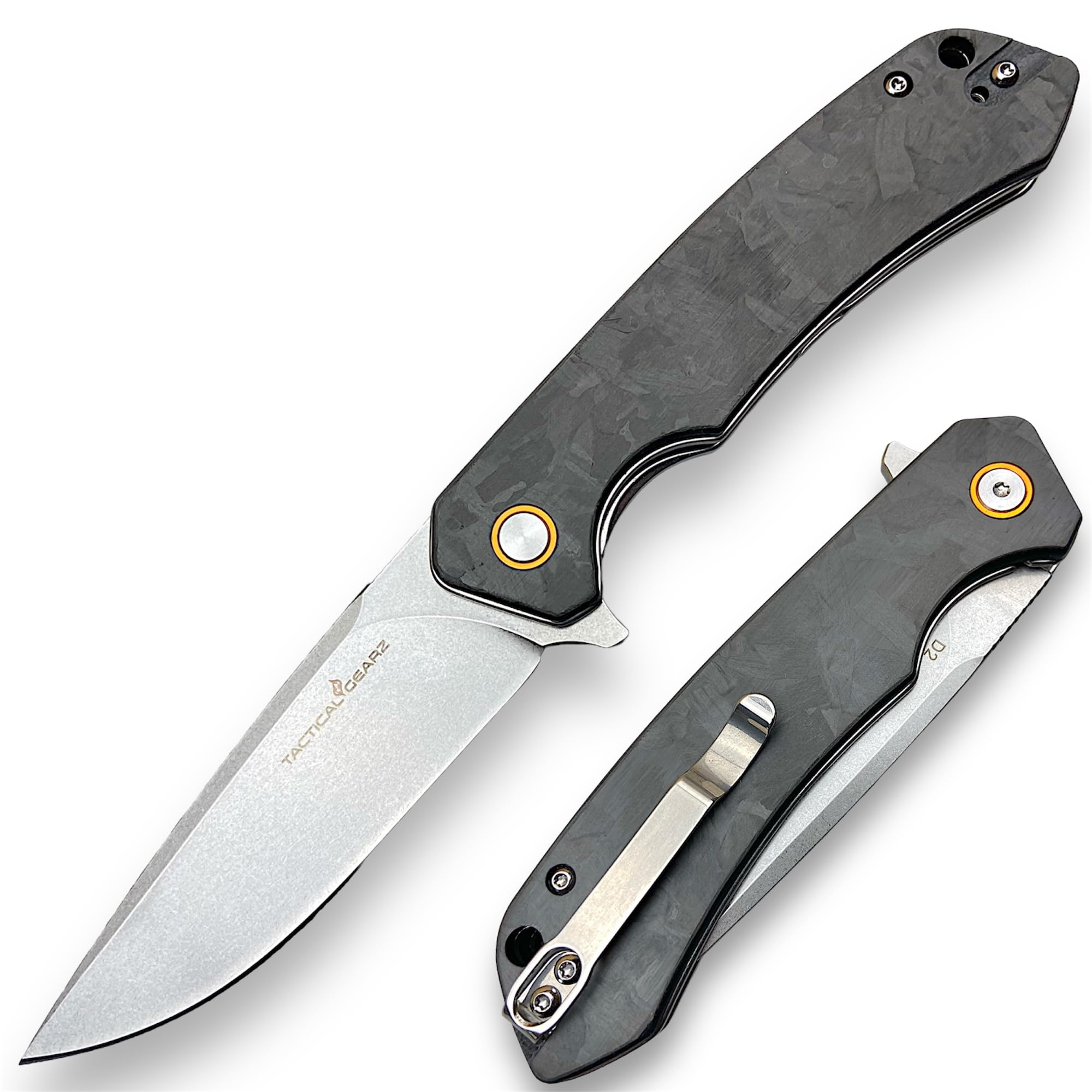 TACTICAL GEARZ Pocket Folding Knife for EDC! Carbon Fiber Handle! D2 Steel Blade! Includes Sheath! (Canis CX)