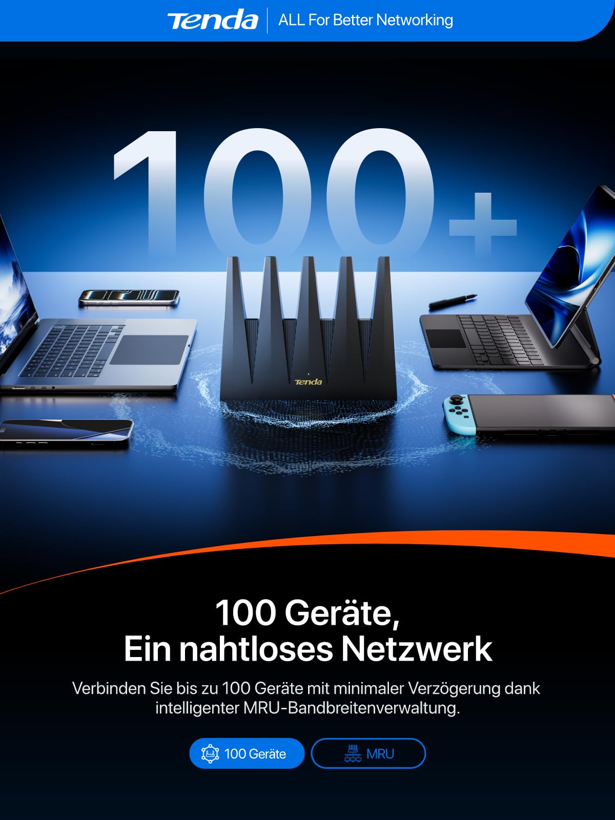 Tenda Wi-Fi 7 Router BE12 Pro – Dualband BE7200(5GHz: 5765Mbit/s, 2,4GHz: 1376Mbit/s) 2x2,5G Ports, 3xGigabit Ports, Quad-Core CPU, 4K QAM, MLO, VPN, unterstützt OpenWRT, Highspeed-WLAN für Zuhause