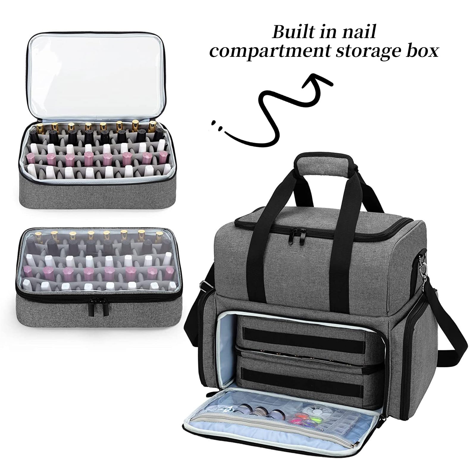 Organizer Smalti per Unghie, Adatto per 80 Flaconi (15 ml) e Lampada Unghie UV, Borsa Organizer per Smalti, Valigetta porta Smalti per Unghie Borsa da Viaggio con 2 Tasche Rimovibili, Grigio