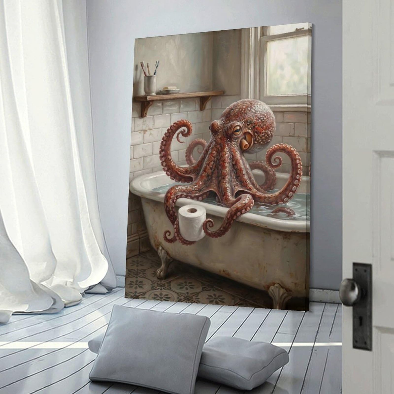 Junmoney Octopus in A Bathtub with Toilet Paper Canvas Art Print, 20x30inch(50x75cm), for Bedroom Decor, Cosy Corners Or Studios, A Warm Accent for Relaxed Interiors