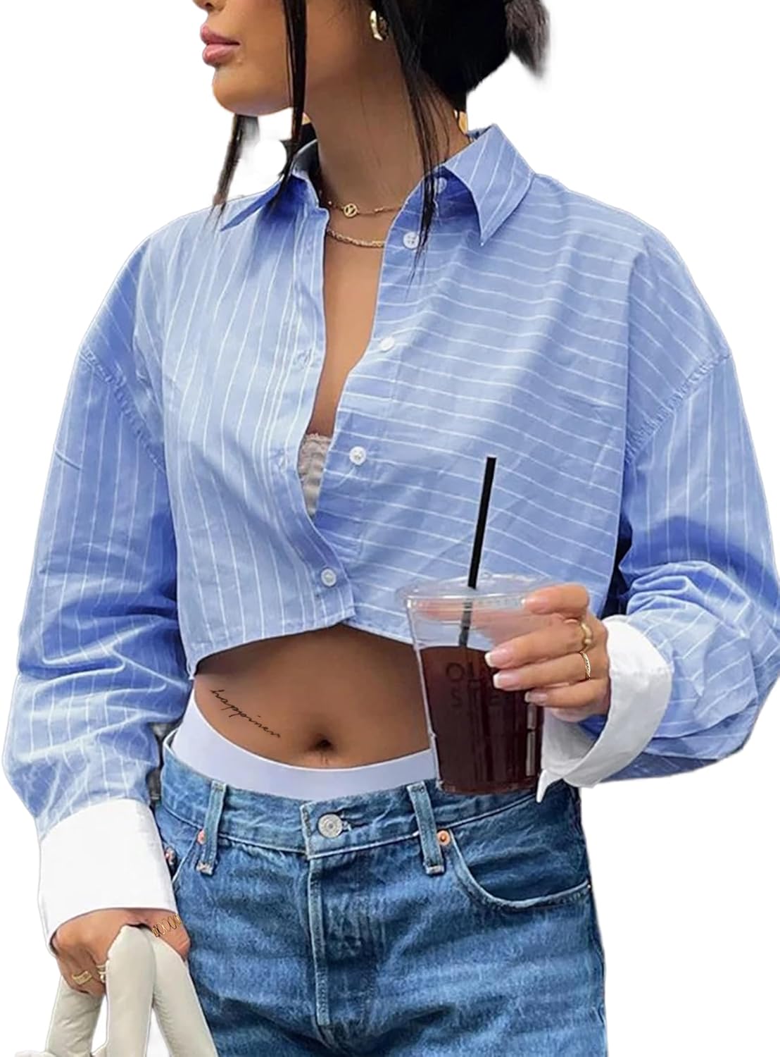 Remidoo Women's Casual Striped Cropped Button Down Shirt Long Sleeve Crop Top Blue Small - Image 2