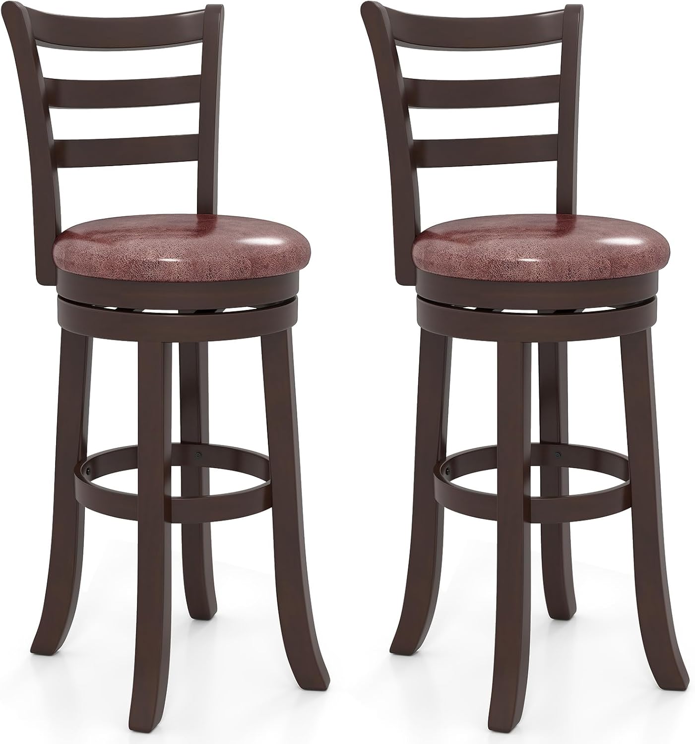 COSTWAY 30” Bar Height Stools Set of 2, Swivel l High-Top Chairs with Backrest & Faux Leather Padded Seat, Rubber Wood Barstools with Footrest for Kitchen, Dining Room, Pub (2,30'')