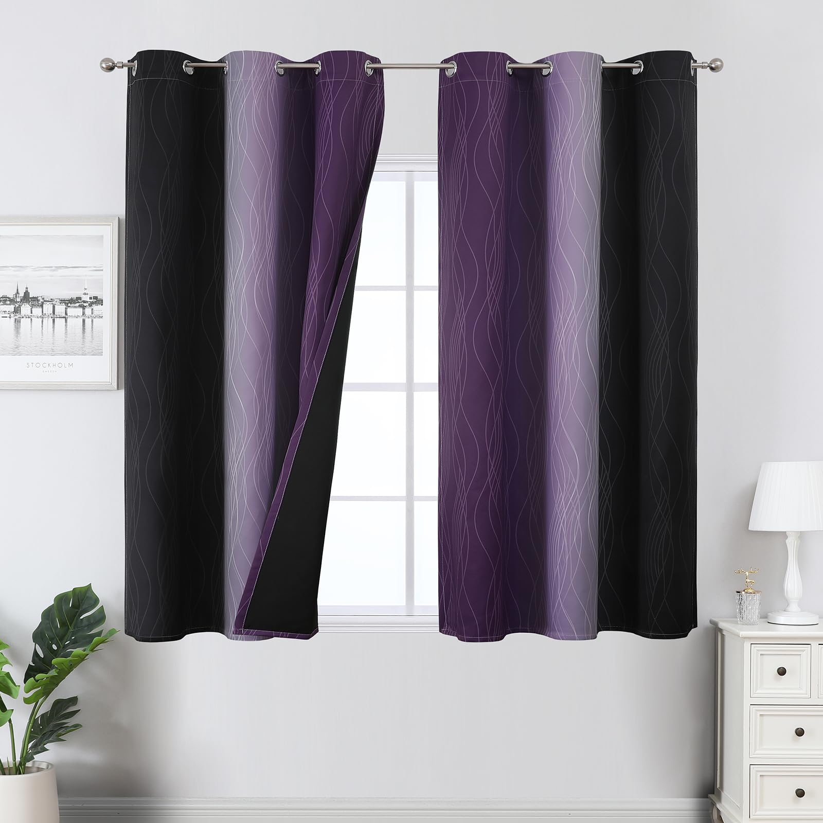 Estelar Textiler Black and Purple Blackout Curtains 54 Inch Length, Full Light Blocking Gradient Grommet Drapes, Thermal Insulated Ombre Curtains for Bedroom, 42Wx54L, 2 Panels