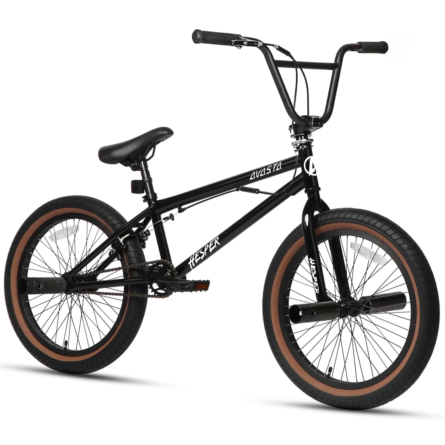 AVASTA Hesper Bicicleta infantil de 20 pulgadas Freestyle BMX con 4 Pegs Bicicletas para niños de 6 a 14 años y principiantes, color negro con neumáticos marrones