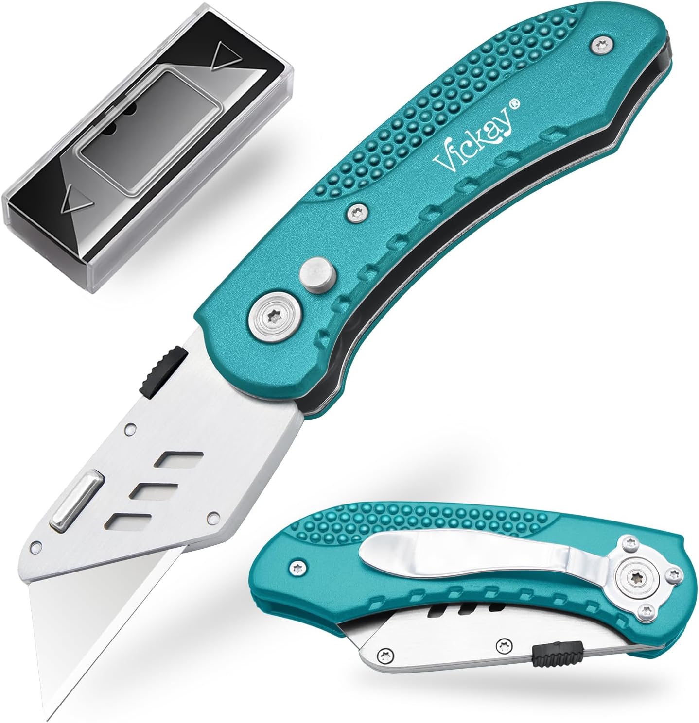 Vickay Box Cutter Knife Utility Knife with 5 SK5 Quick Change Blades, Safety Axis Lock Design Razor Knife, Lightweight Aluminum Body Belt Clip for Office