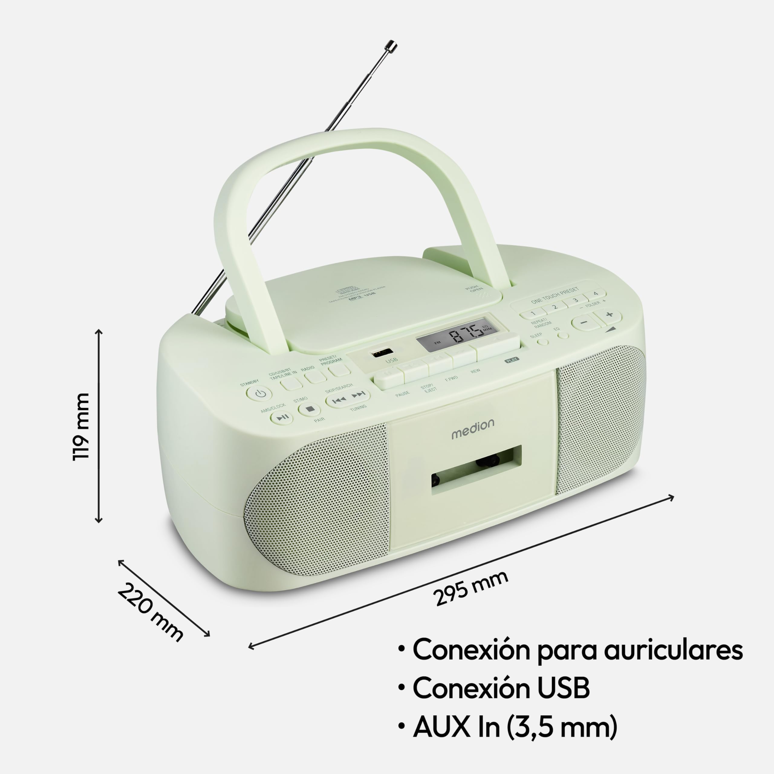 MEDION E65010 Radio estéreo (reproductor de CD, casete, conexión USB, entrada de audio AUX, reproducción MP3. Radio FM PLL, memoria para 40 emisoras, funcionamiento con pilas, mando a distancia) verde