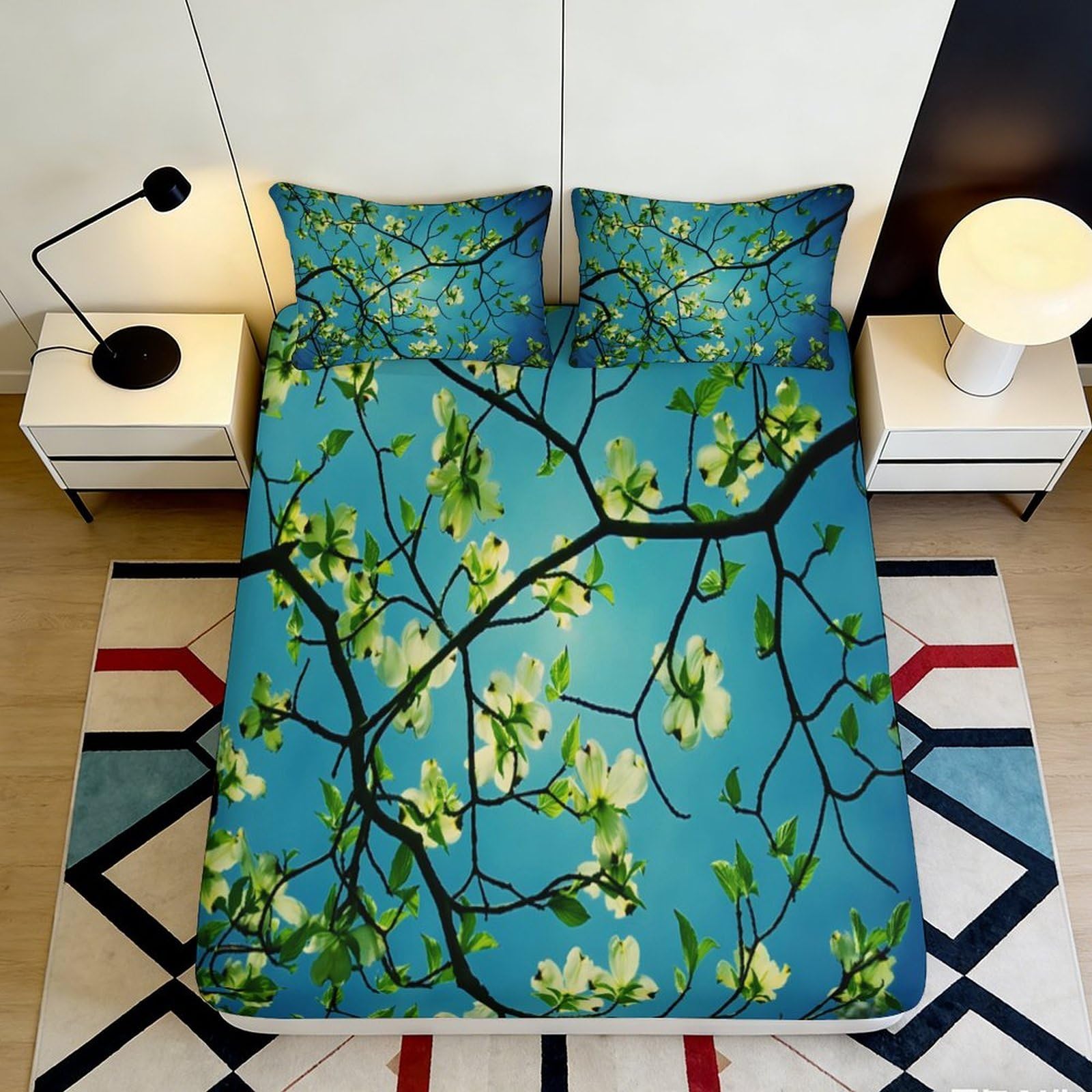 Pnayamiorkfel Style-9 3D Printed Spring Blossom Fitted Sheet Microfiber Soft Blue Floral Branch Mattress Cover For Bedroom Guest Room Decor 90X200x25cm