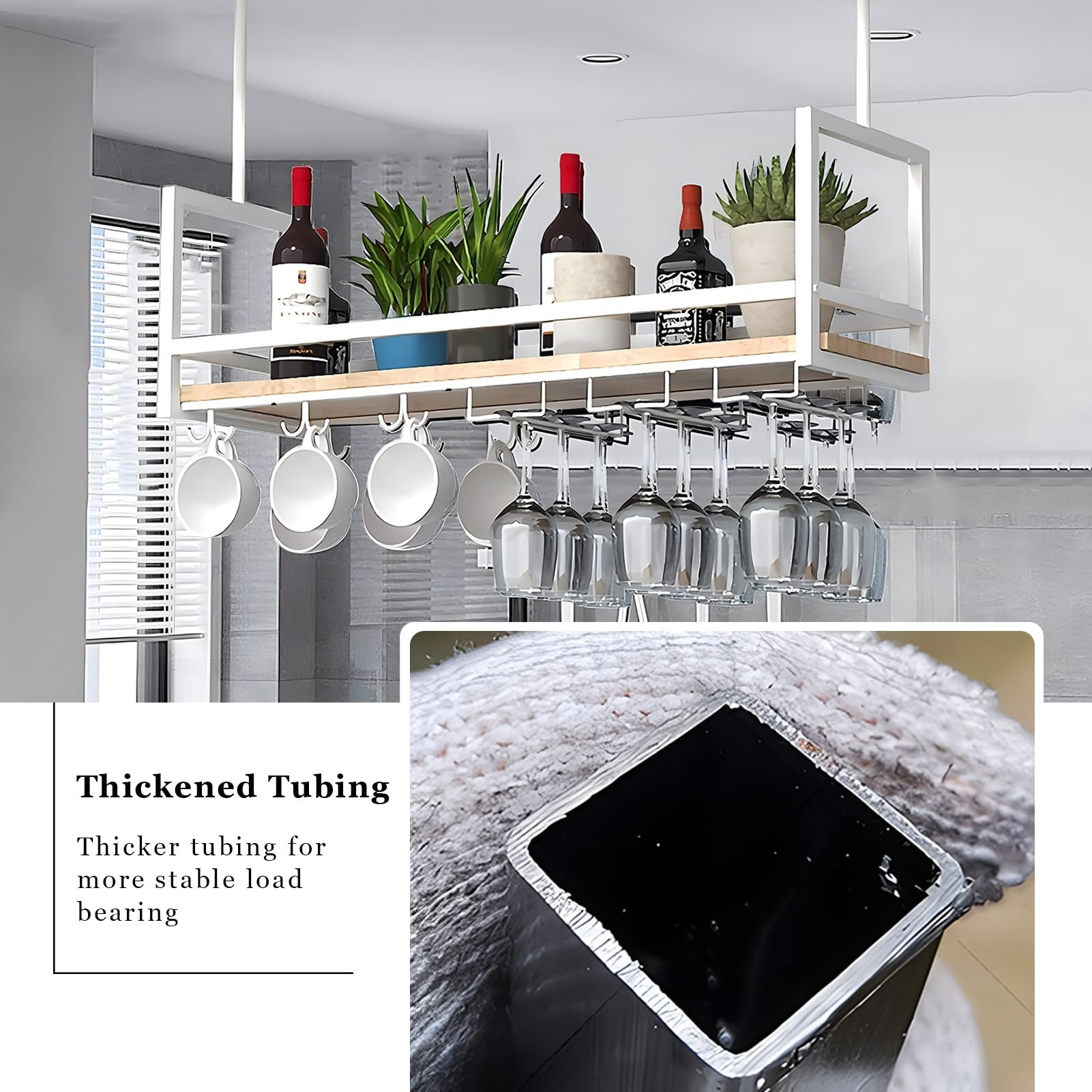 Mensole galleggianti, Mobile Bar sospeso a soffitto con portabottiglie e Supporto per Bicchieri capovolti, espositore Decorativo per Piante e Libri, Ideale per Bar, caffè e Cucina (Dimension