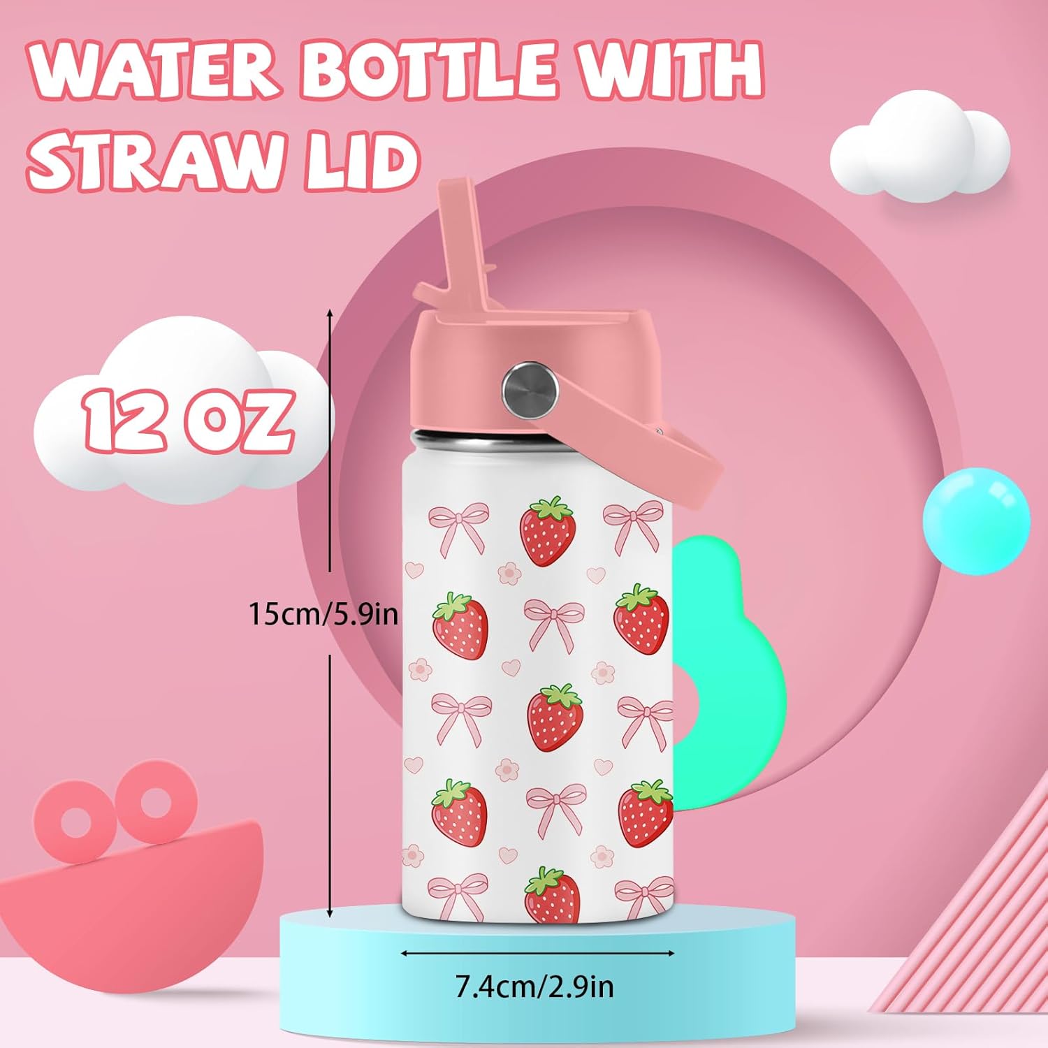 Strawberry Water Bottle for Men & Women, Stainless Steel Insulated Tumbler with Straw Lid and Handle, 12oz Reusable Leak-proof Bottle for Sports - Image 2