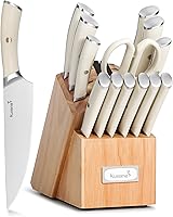 Vista 8 de KUISINE Juego de cuchillos, mango ergonómico de hoja afilada de acero inoxidable de alto carbono, juego de bloques de cuchillos con afilador Marfil