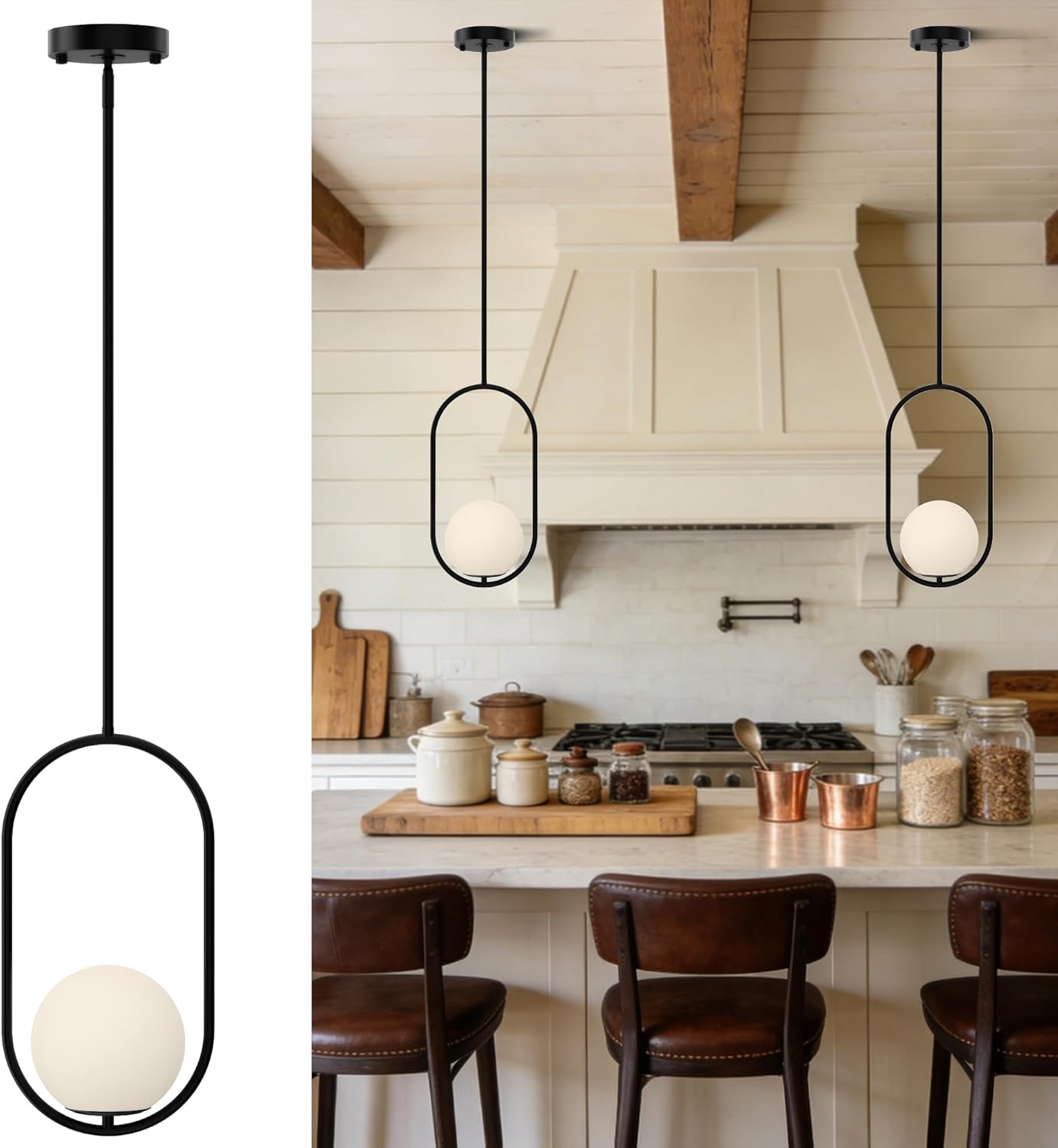 Black Pendant Lights with Globe Milky White Glass Mid Century Chandelier Modern Light Fixture for Kitchen Dining Room Bedroom Hallway
