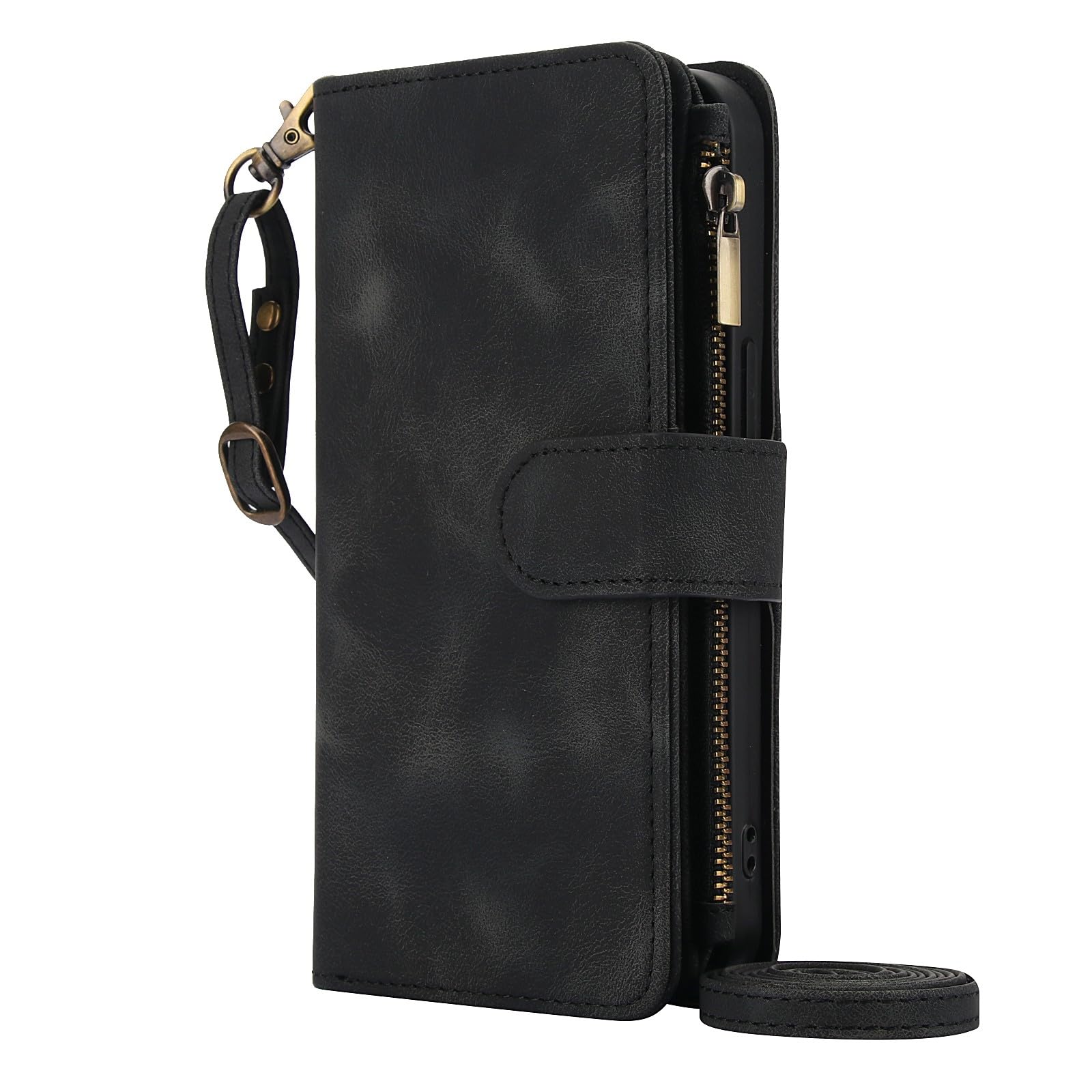 Generic Compatible con Google Pixel 8A (color negro) Funda tipo cartera retro de piel con cremallera y correa para el hombro