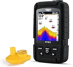 LUCKY Localizador de peixes portátil, localizador de profundidade à prova d'água, localizador de peixes sem fio para pesca no gelo, pesca no mar, pesca em banco, pesca de caiaque, localizador de profundidade com tela LCD colorida, preto