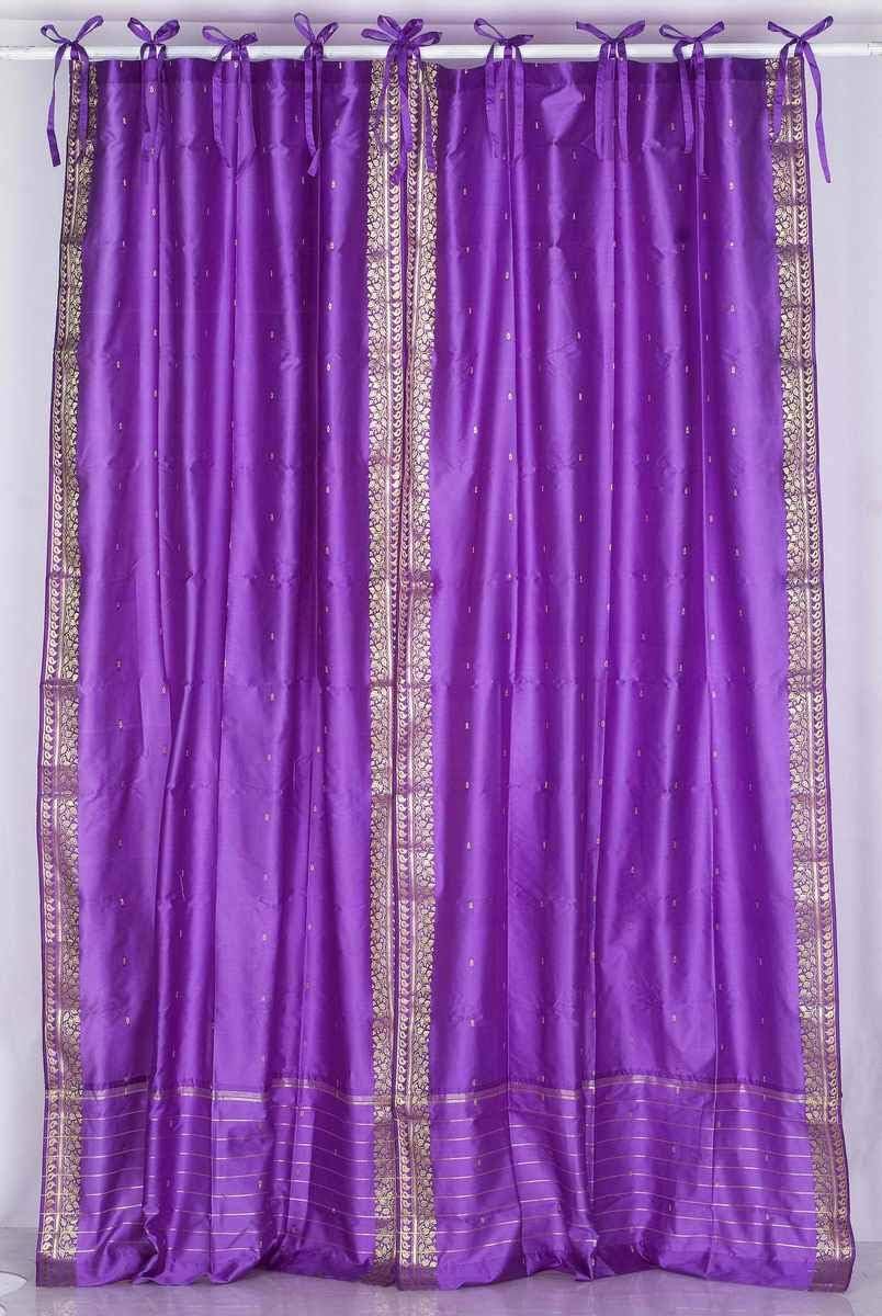 Handcrafted Lavender Indian Sari Curtains, Tiebacks Included Lined Tie Top Sari Sheer Curtains, 43" W x 24" L, Privacy & Insulation for Living Rooms, Bedrooms, and Dining Rooms, Sold in Pairs