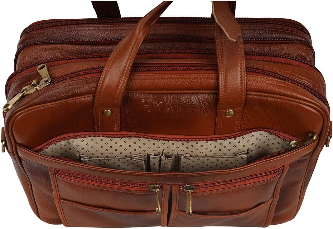 16 Inch 24 litres Capacity Leather Laptop Office Briefcase for Men Upto16 inch Laptop Compartment Dimension-L-16 X H-12 X W-6 Inch Weight-1.4 KG (Brown)
