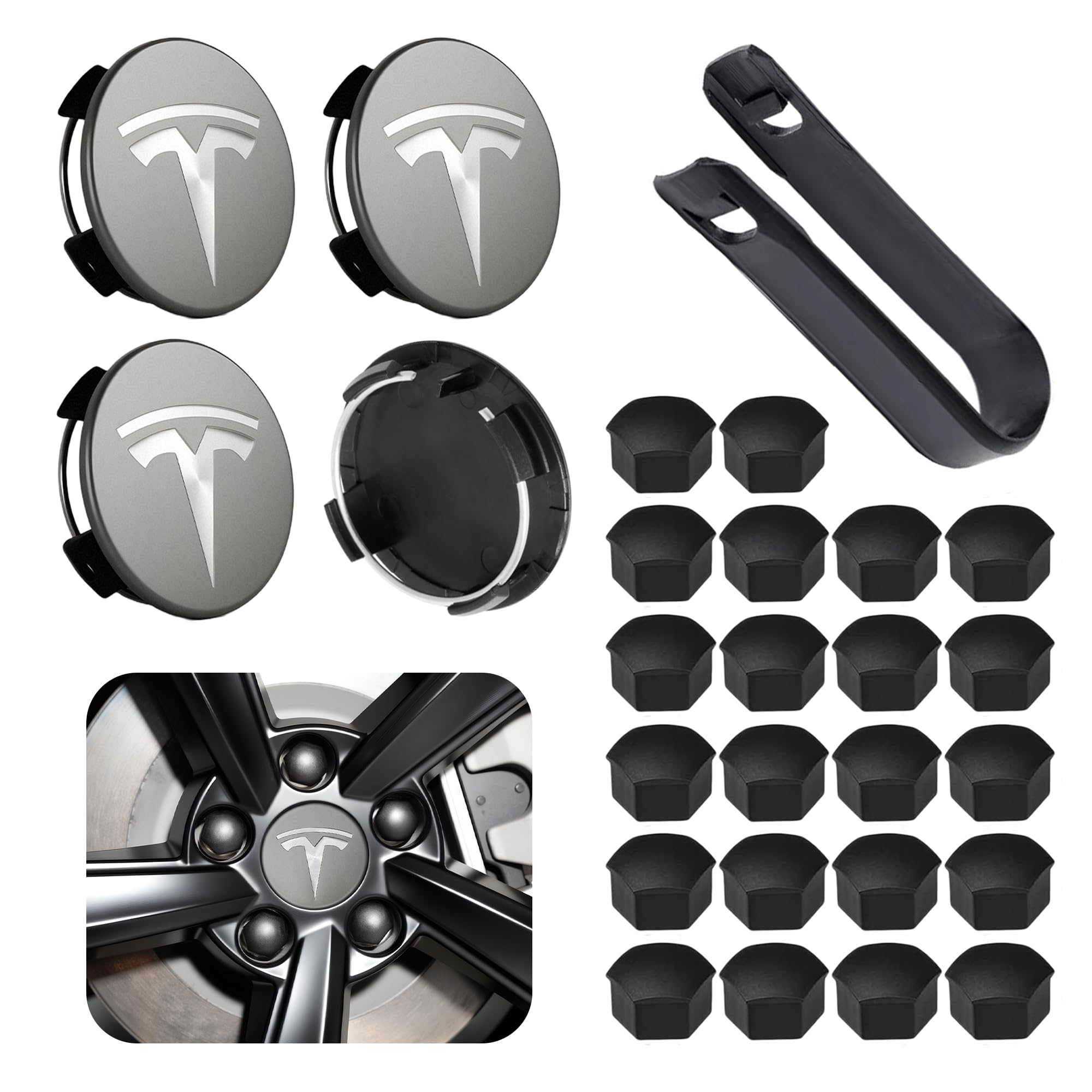 Car Wheel Center Hub Cap Kit with Logo, Hubcaps Accessories for Tesla Model 3 Model Y (4 Grey&Silver Hub Center Caps + 22 Black Lug Nut Covers + 1 Pack Wrench)