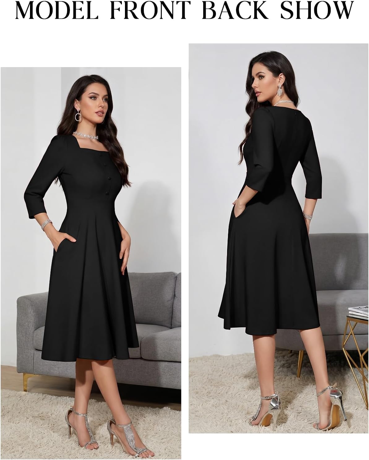Bbonlinedress Formal Cocktail A-Line Midi Church Wedding Guest 3/4 Sleeve Vintage Tea Party Business Casual Work Dress