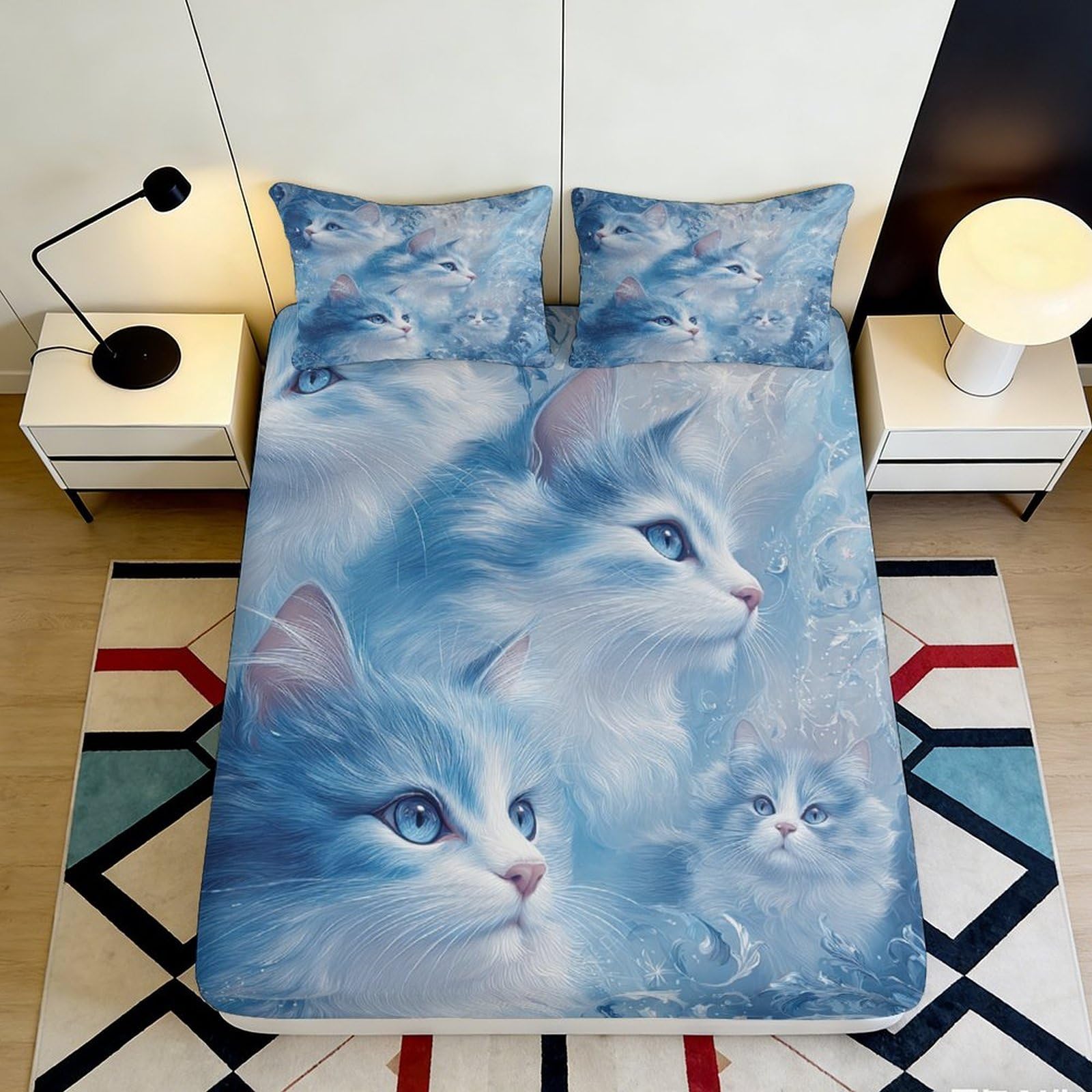 3D Printing Cat Theme Fitted Sheet Microfiber Deep Pocket Non-Slip Bedroom Bedding Cat Mattress Fitted Cover for Adults Teens 200x200x25cm 90x200x25cm