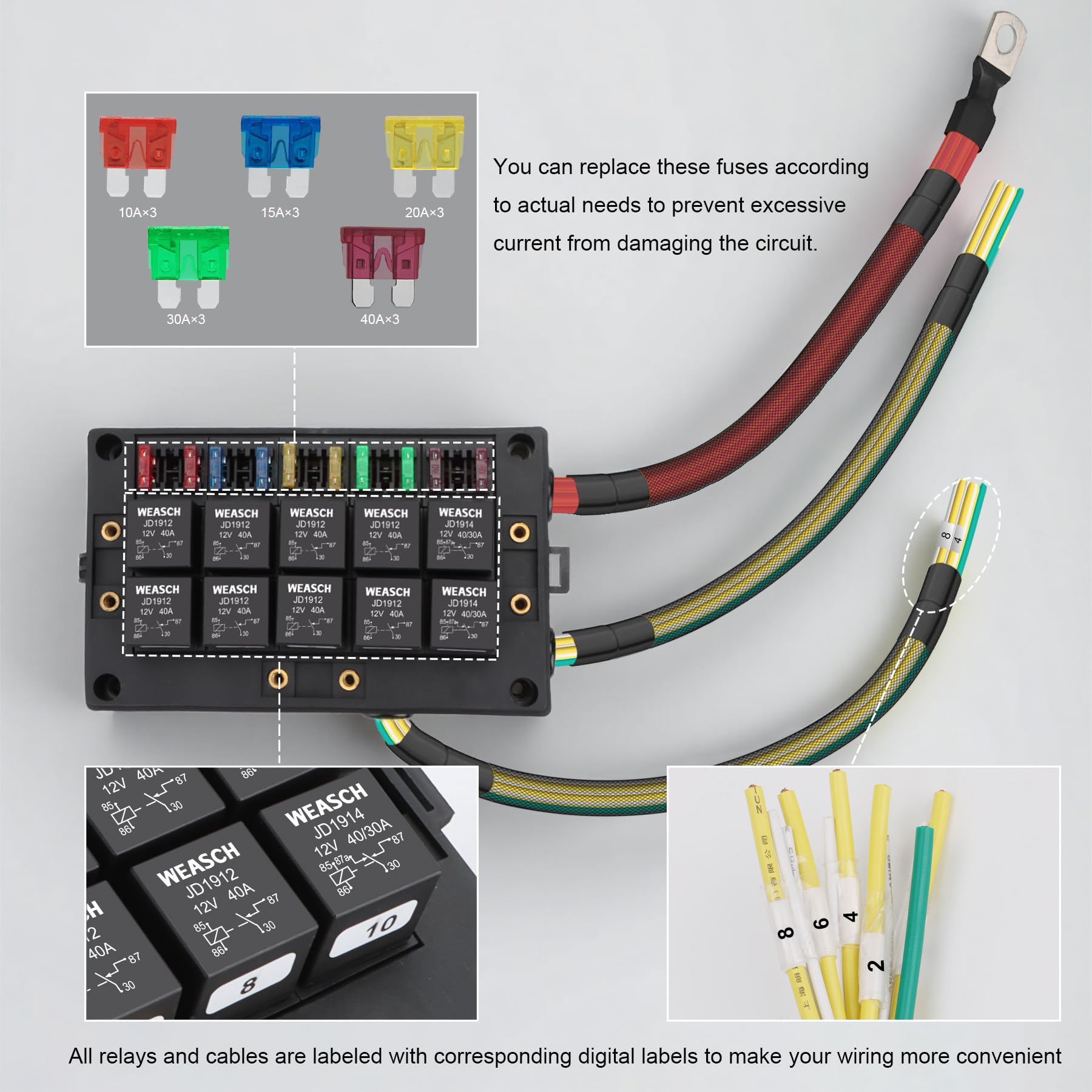 12 V 40 A 10 casse di fusibili e relè, 10 relè e 10 fusibili ATC/ATO, blocco di sicurezza universale per auto, camion, barca e jeep