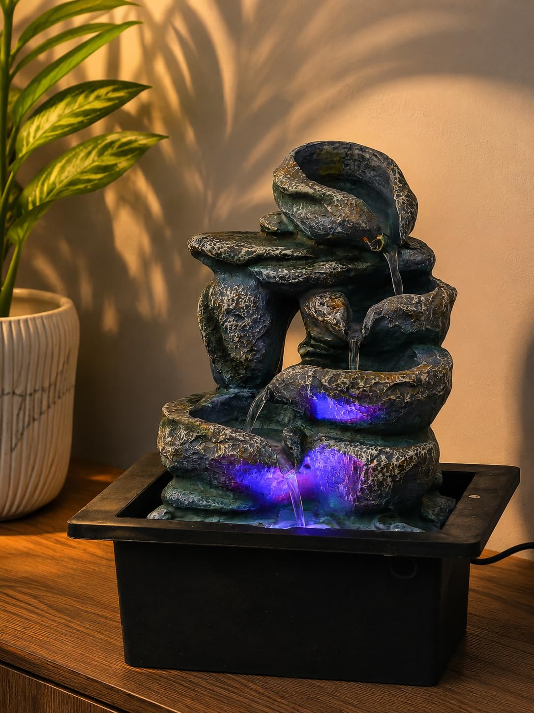 CHRONIKLE Multicolor Polyresin Tabletop Designer 4 Step Indoor Water Fountain for Home Decor with LED, Speed Control Pump (Size: 21 x 18 x 26 CM | Weight: 940Gram)-image-40