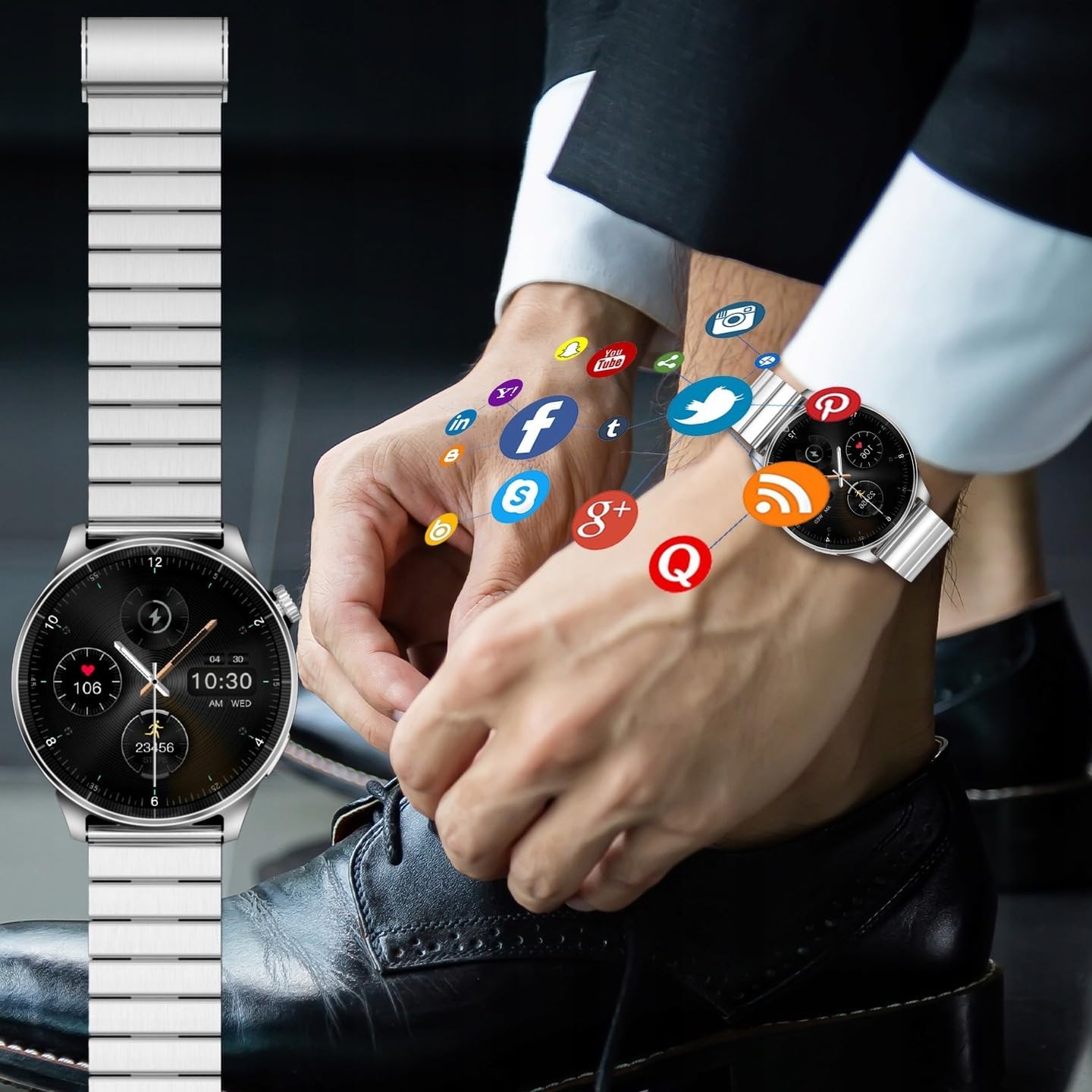 FOREVER Smartwatch Grand 2 SW-710 on a wrist, with social media and app icons floating around it, indicating notification capabilities.
