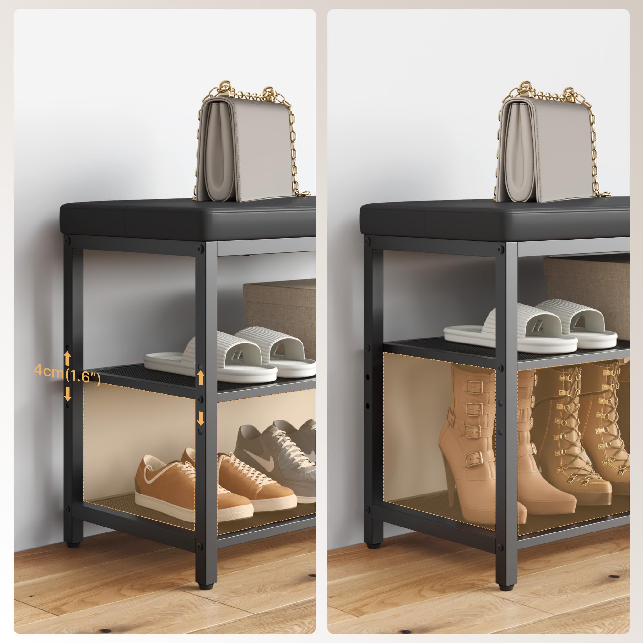 Mondeer Banco de Zapatos de 3 Niveles con Asiento Acolchado, Organizador de Zapatos con Estante de Almacenamiento de Altura Ajustable, Estilo Industrial, para Entrada, Pasillo, Sala de Estar