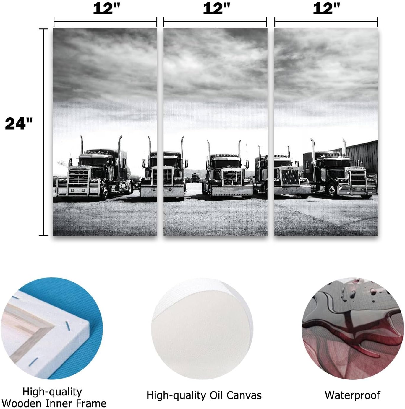 Trucks Convoy, California Black And White Print On Canvas Wall Artwork Modern Photography Home Decor Unique Pattern Stretched and Framed 3 piece