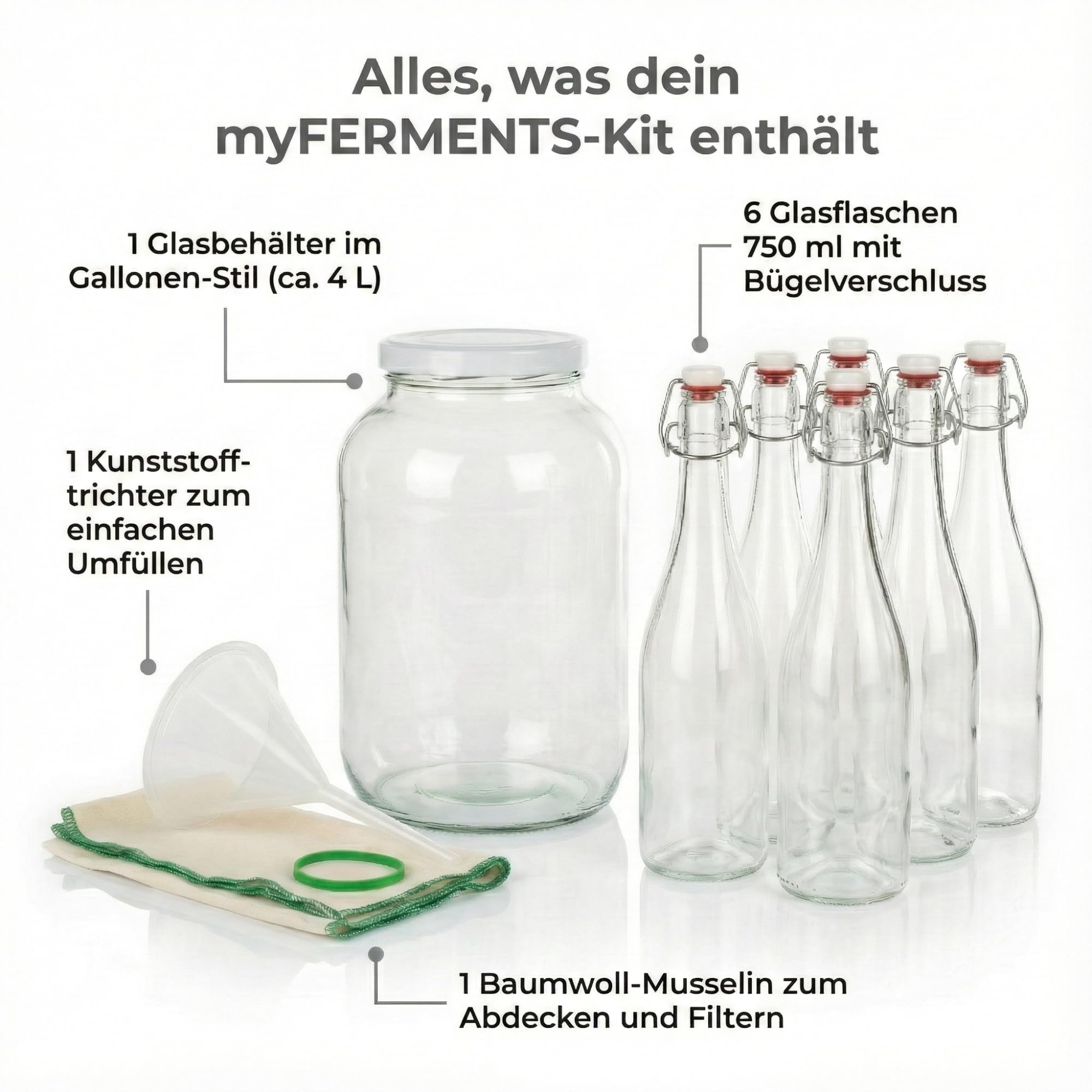 myFERMENTS - Kefir & Kombucha Starter Set | 4,25L Glasgefäß | 6 x 750ml Bügelflaschen | 10cm Trichter & Mulltuch | Fermentationsglas, Farblos, Glas