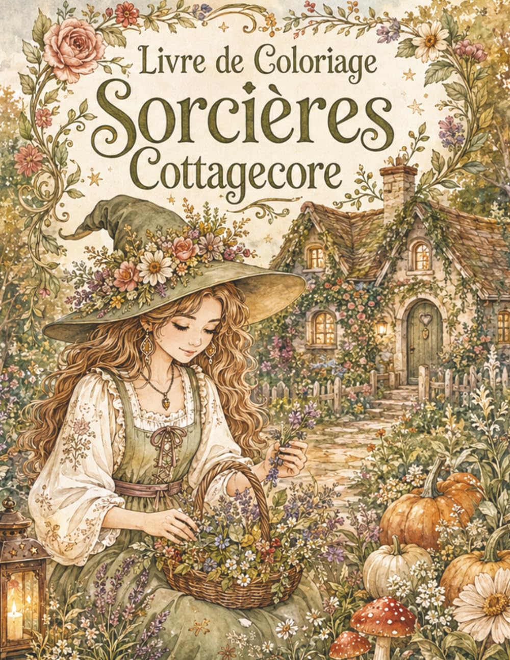 Livre de Coloriage Sorcières Cottagecore: Univers féerique pour adultes avec chaumières, herbiers, potions, chats familiers et scènes relaxantes