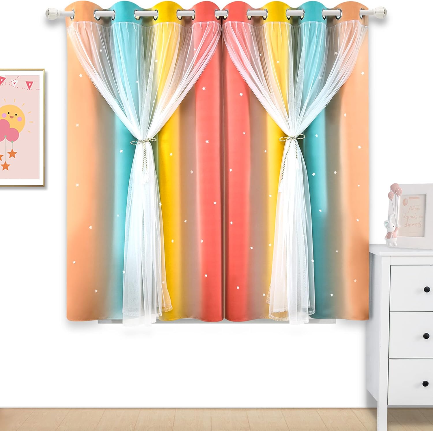 Kinryb Rainbow Stripe Gradient Star Cut-Out Grommet Blackout Curtain Colorful Ombre Star Curtains for Girls Bedroom Thermal Insulated Nursery Living Room Pink/Yellow 52W x 45L Set of 2 52"W x 45"L (Pack of 2) Rainbow - Pink/Yellow