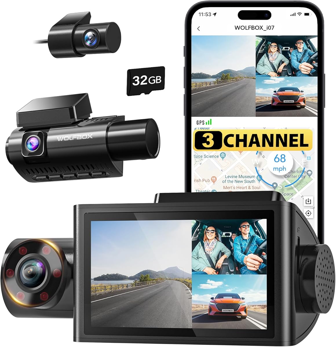 WOLFBOX i07 Dashcam - Cámara de salpicadero de coche de 3 canales con WiFi GPS, 4K + 1080P para delantera e interior, 2,5 K 1600P + 1080P + 1080P, 3" LCD Super-IR, visión nocturna de 24 horas, máx