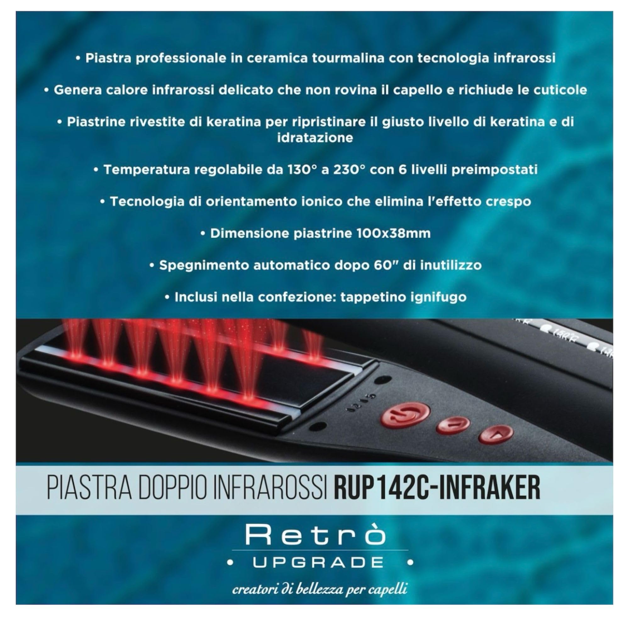 Plancha de pelo profesional Doble Infrarrojo 142CinfraKER, color negro - Placas de Cerámica Turmalina IÓNICA - Made Italy