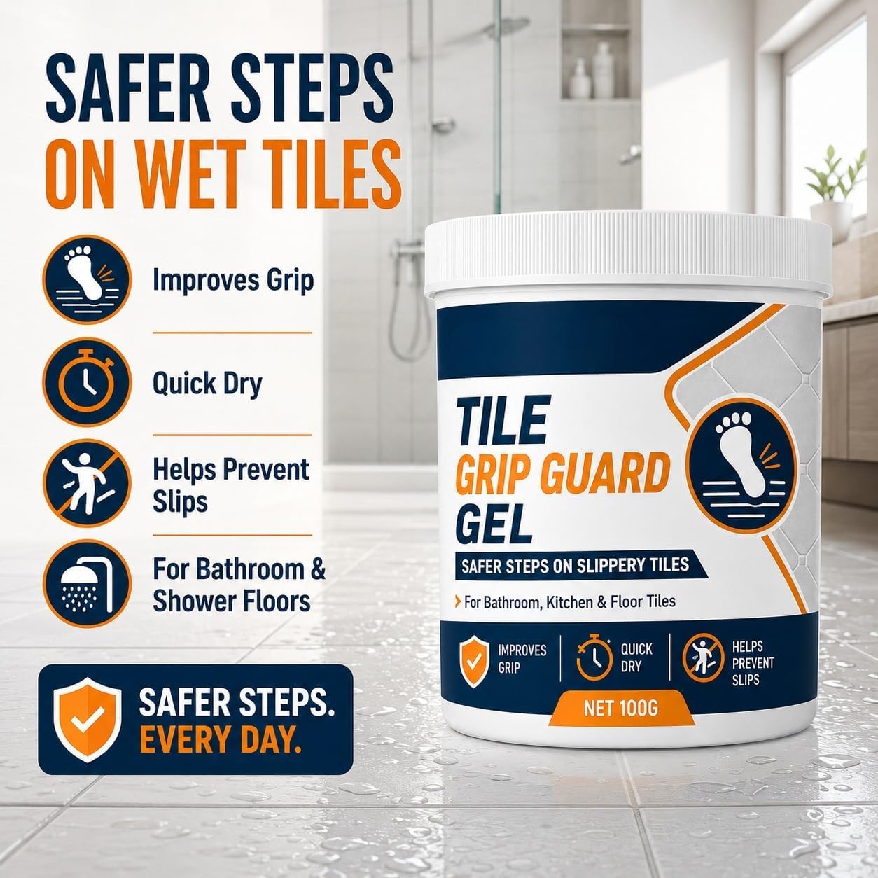 Gel antiscivolo per pavimenti in piastrelle (bagno e cucina), 100 g (3pcs) | Asciugatura rapida; adatto a ceramica, gres porcellanato e vetroresina;rivestimento resistente all'acqua e durevole nel tempo