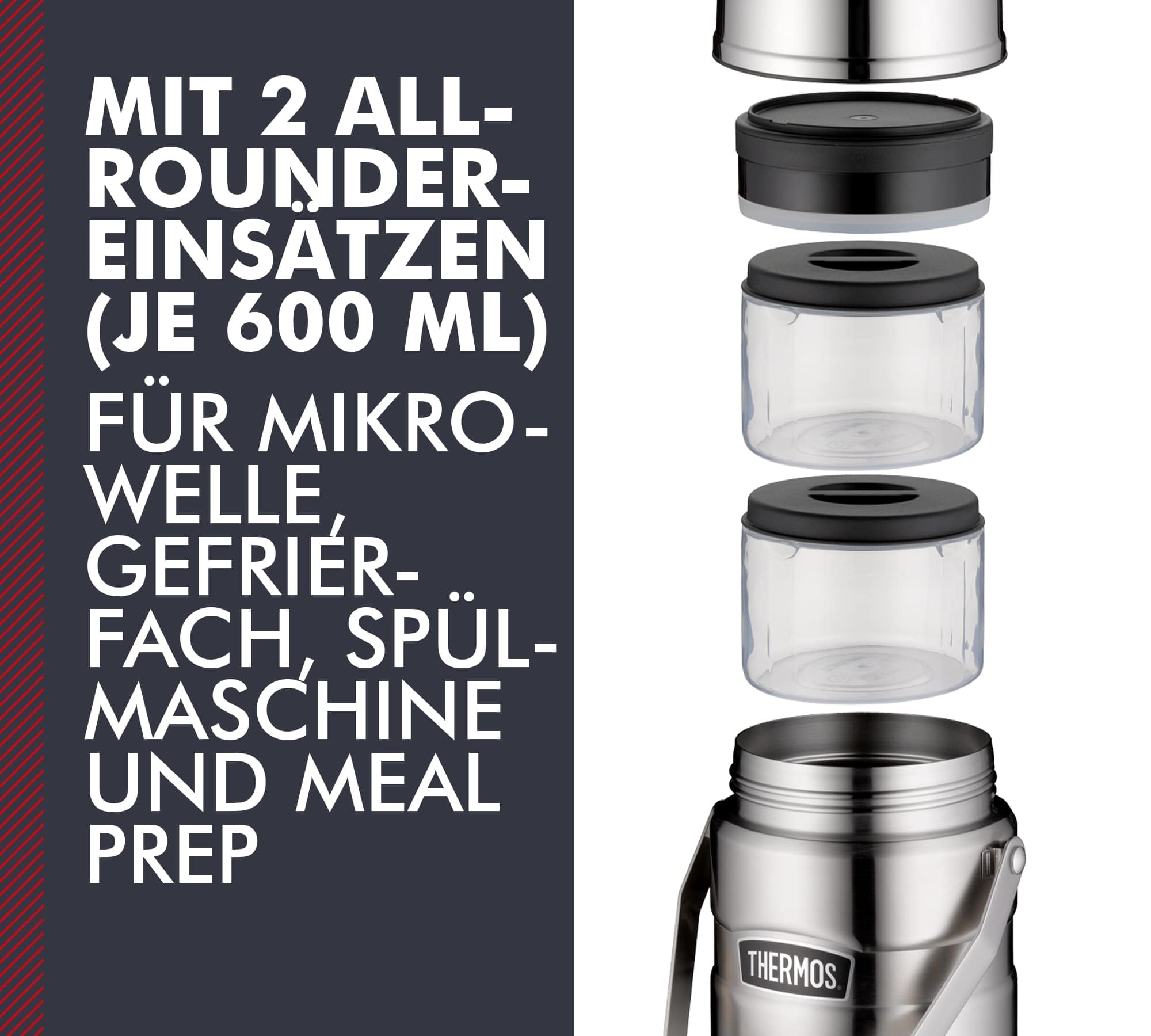 Thermos STAINLESS KING Thermobehälter 1,20 l, 12 h heiß, stainless steel | 24 h kalt, absolut dicht, Edelstahl-Isolierbehälter für Essen, mit 2 Allrounder-Einsätzen, Lunchpot, silber matt
