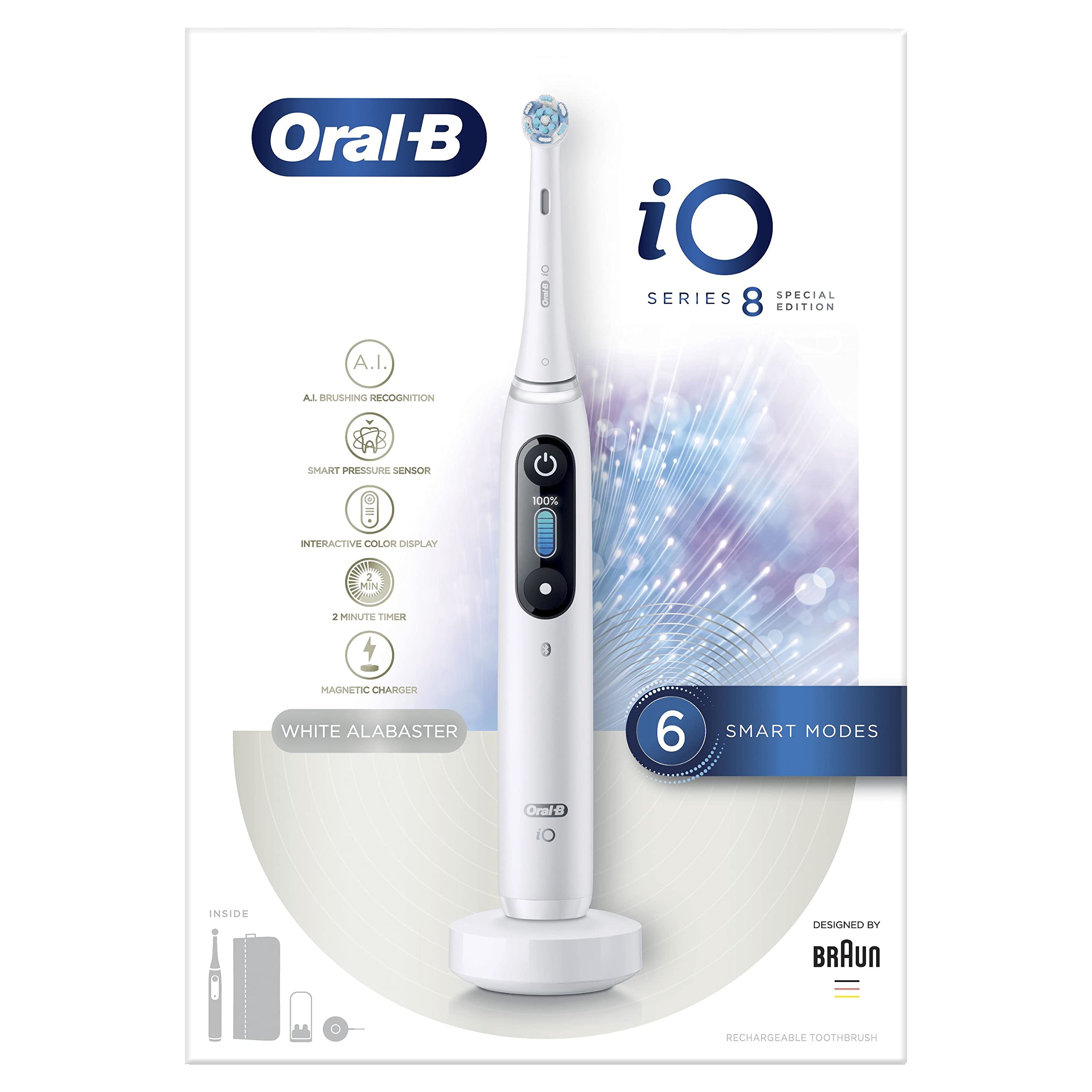 Oral-B Special Edition iO - 8 - Spazzolino Elettrico Ricaricabile Di Braun, 1 Spazzolino Bianco Esclusivo Con Tecnologia Magnetica Rivoluzionaria, Display A Colori, 1 Testina, 1 Astuccio Magnetico