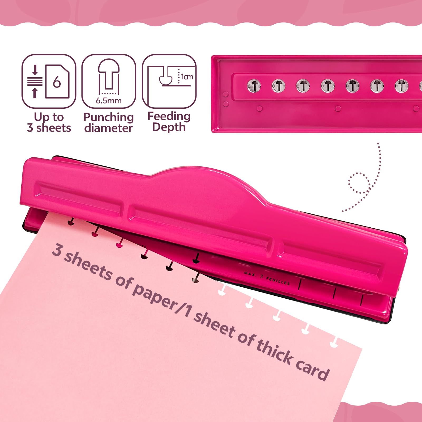 Mushroom Discbound Hole Punch, 11 Hole Puncher for Dics Bound Planner, Notebooks, Scrapbooks & Crafts, 3 Sheets Capacity (Rose Pink) - Image 3