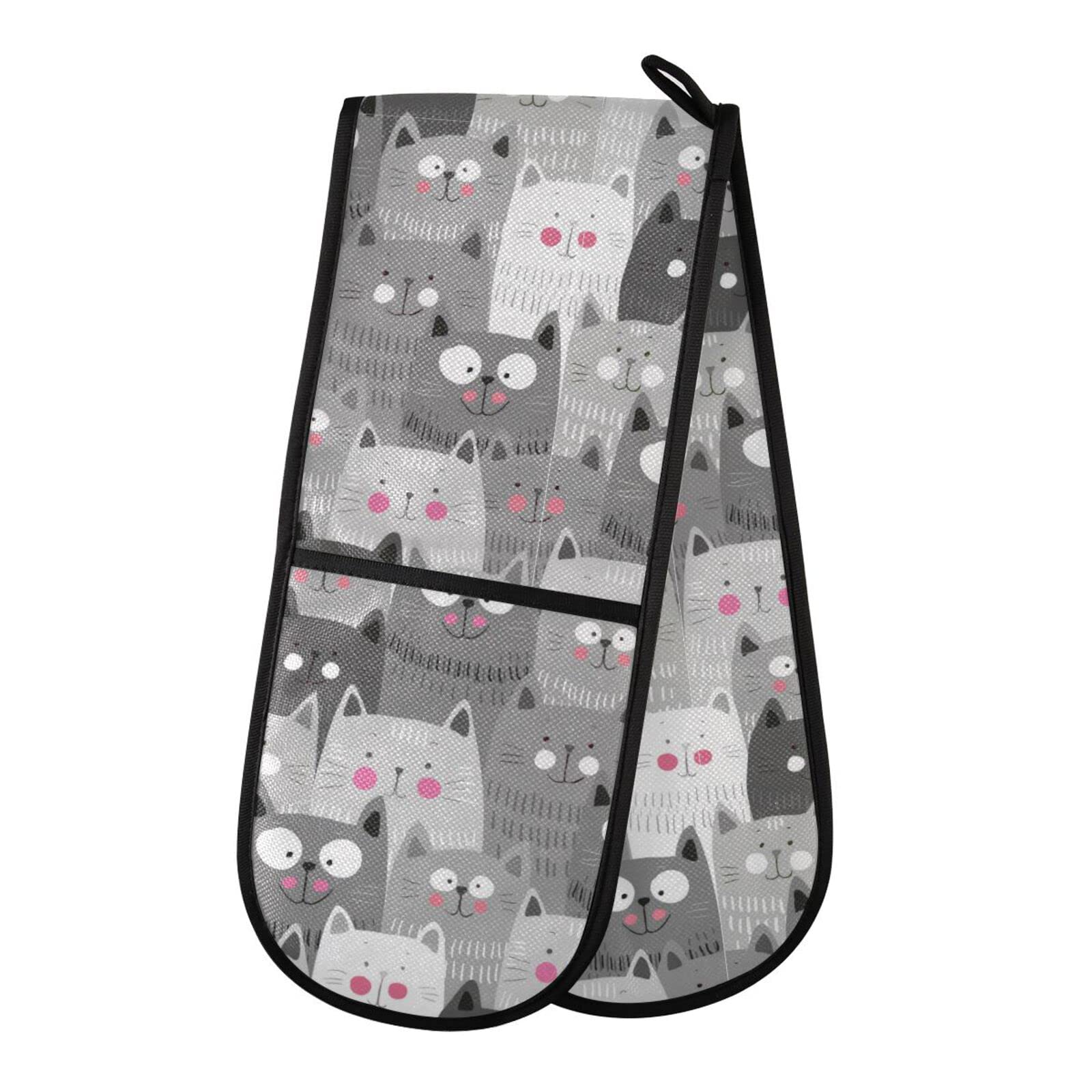 Double Oven Gloves Cute Cats Black Heat Resistant Pot Holder Oven Mitt Gloves for BBQ Cooking Baking Grilling Microwave