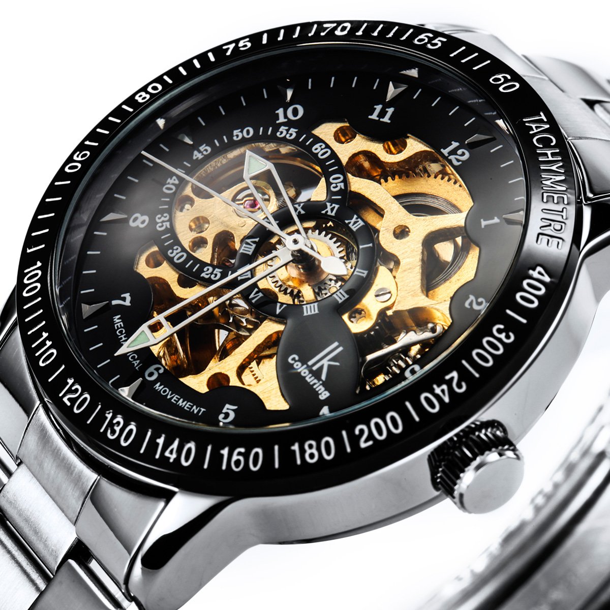 Alienwork IK Reloj Automático Hombre Mujer Plateado Pulsera de Metal Acero Negro Esqueleto Fondo de Vidrio