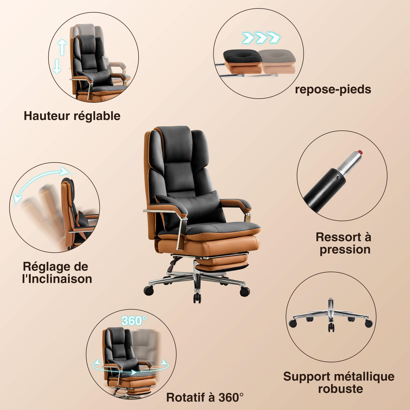 Bürostuhl Ergonomisch, PU Leder Chefsessel 200kg, Bürostuhl mit Fußstütze und Lendenwirbelstütze, Home Office Stuhl mit hoher Rückenlehne, Schwarz
