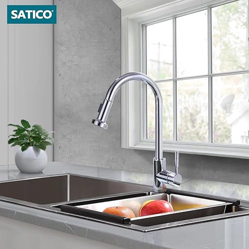 Miniatura 7 de SATICO Grifo de cocina cromado con rociador extraíble Arco de un solo agujero manija interruptor de botón fregadero de cocina grifos modernos de