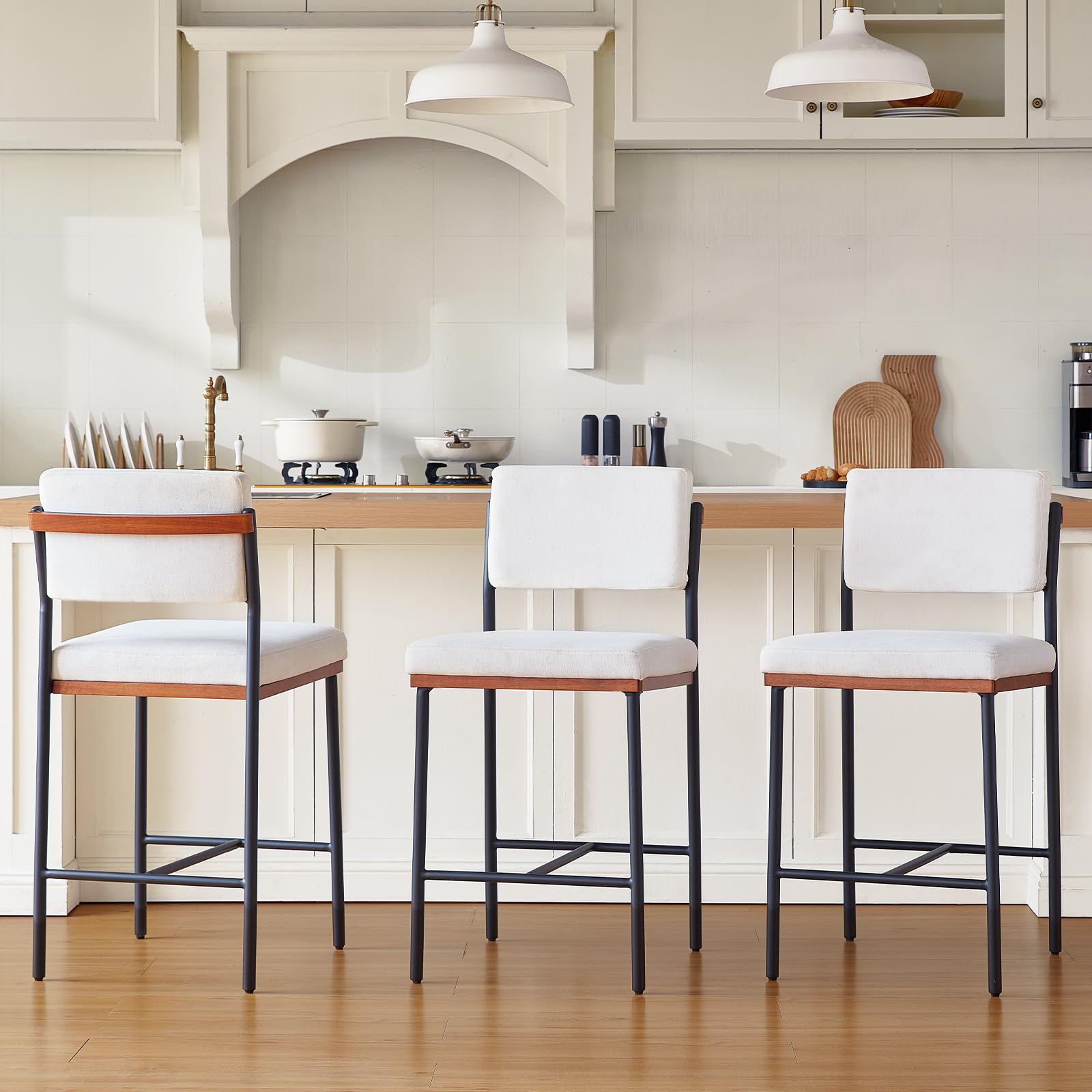 Linen Fabric Bar Stools Set of 3,26 Inch Modern Counter Height Bar Stools for Kitchen Island,Counter Stools with Wide Back Sturdy Metal Legs,White