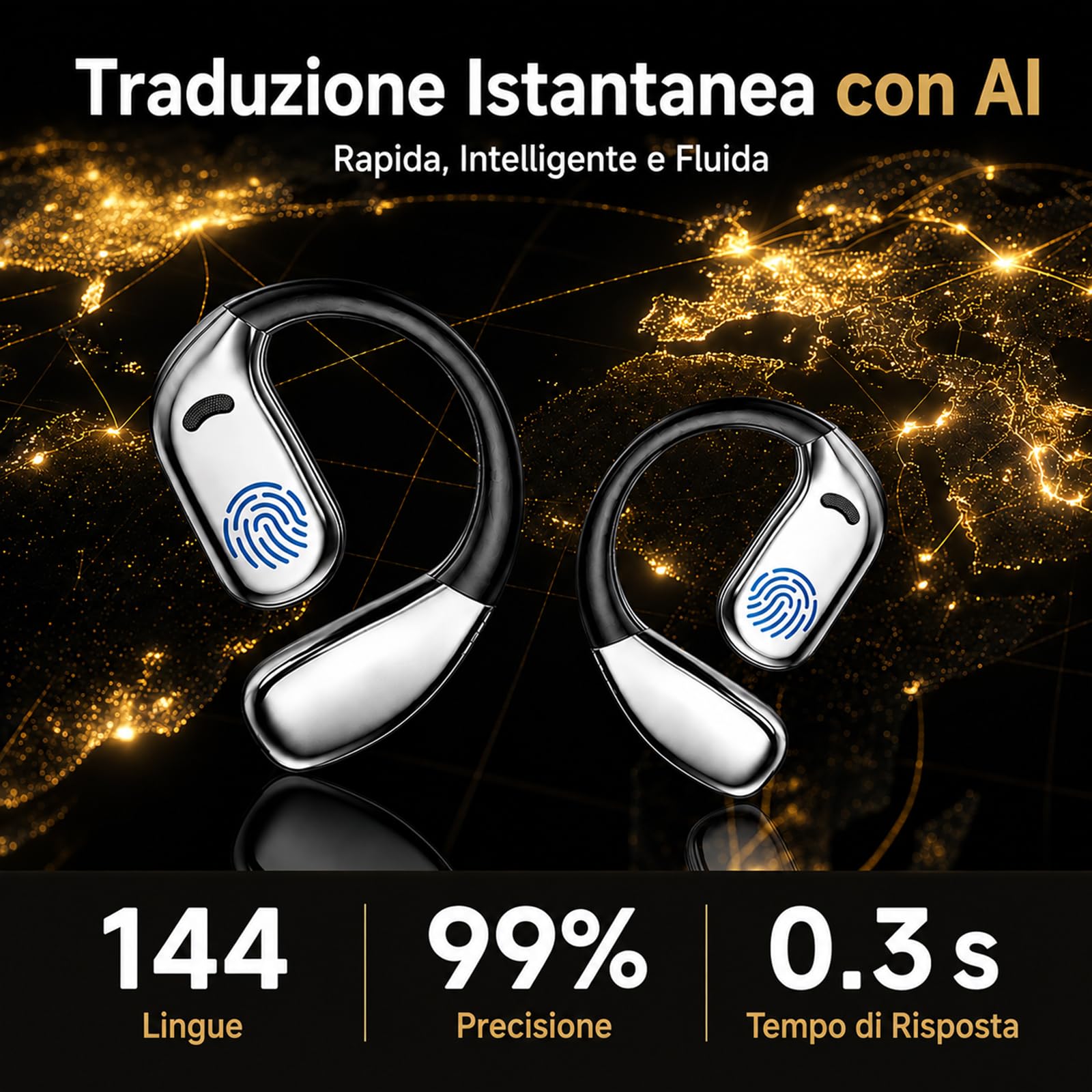 Auricolari traduttori con IA in tempo reale: dispositivo di traduzione 3 in 1 con 144 lingue, traduttore italiano-inglese, auricolari traduttori a orecchio aperto per viaggi e apprendimento