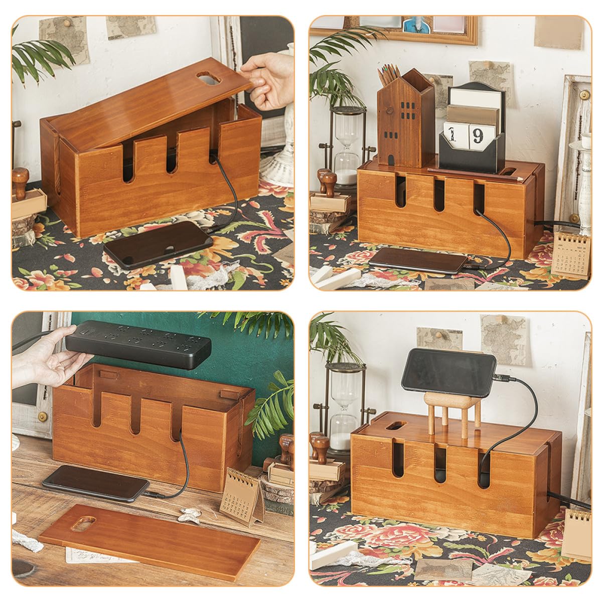 Organizador de Cables de Madera Maciza para Escritorio Caja para Organizar Cables Tapa Multifuncional para Regletas y Enchufes Almacenamiento Ordenado para Oficina y Hogar