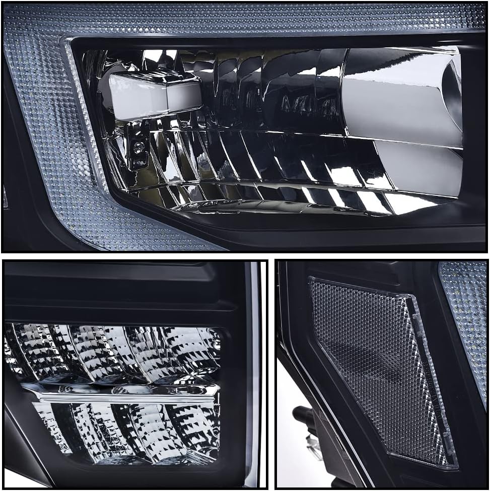 DOTCOM LED DRL Headlight Assembly, Compatible with Ford F150 2009-2014 Headlamps FO2503289 FO2502289 Driver Side & Passenger Side,Smoky lens Black Housing Clear Reflector