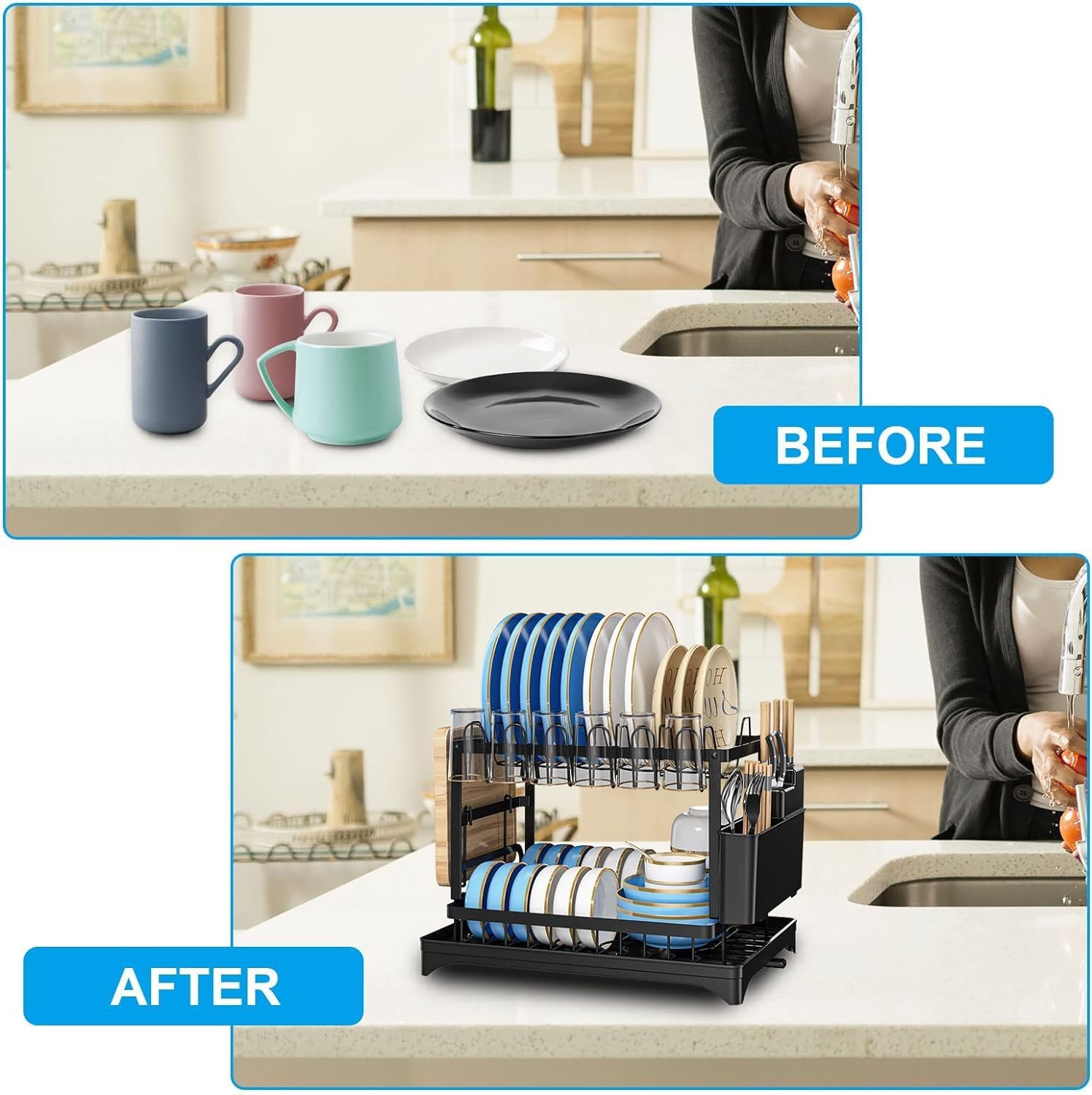 Dish Drying Rack, Multifunctional Dish Rack, Rustproof Kitchen Dish Drying Rack with Drainboard, Space-Saving 2-Tier Dish Drying Rack with for Kitchen Counter Black(ABRE-02)