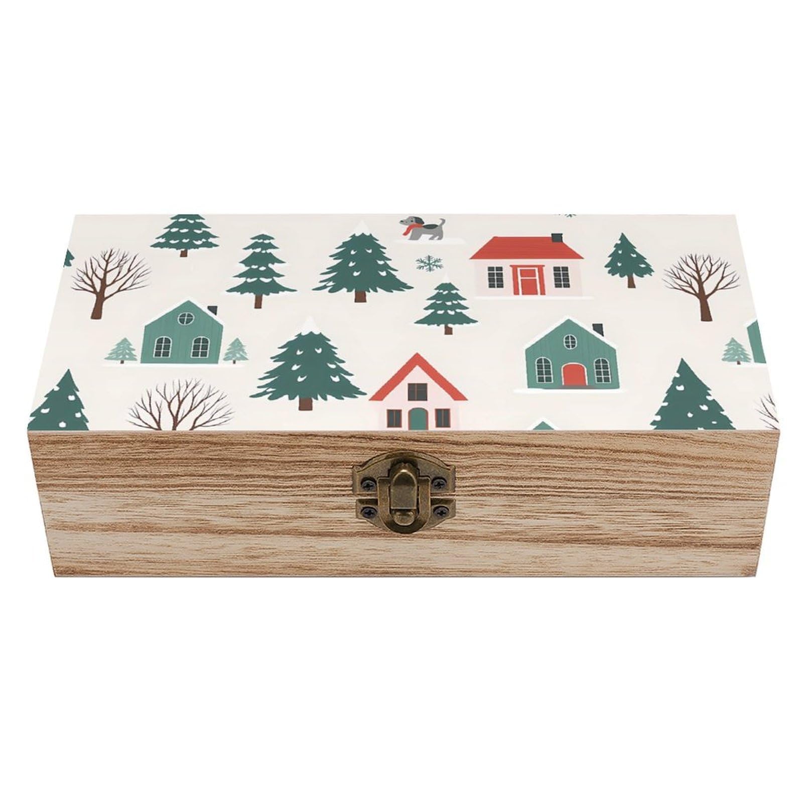 Oudrspo Xmas Houses & Trees Retro Wooden Storage Box Keepsake Jewelry Decorative Art Storages Box Gift Boxs