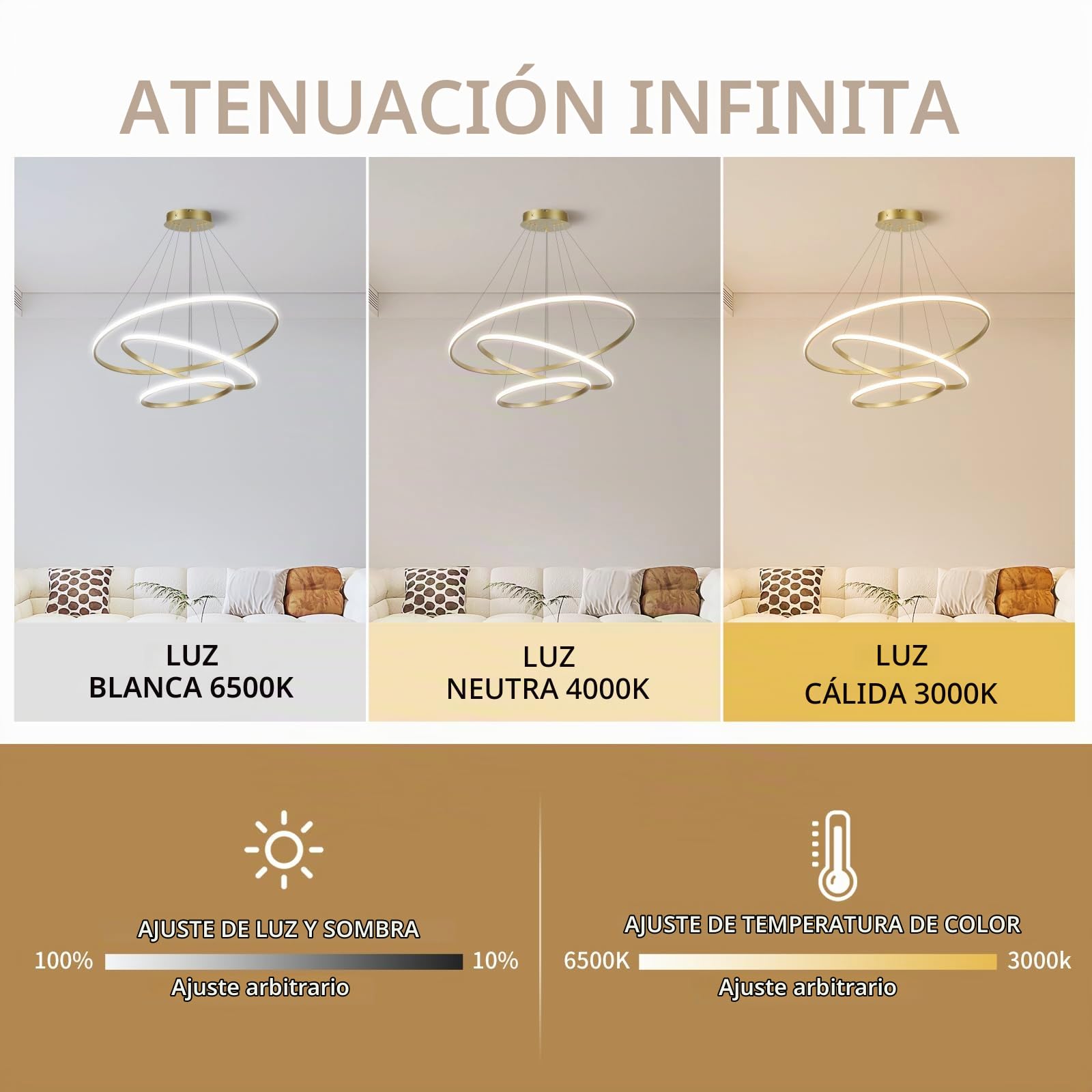 IluminacióN Colgante Led Para Sala De Estar,Accesorio De IluminacióN Colgante AcríLico Regulable De 3 Anillos,Isla De Cocina Dorada Para Techo,Sala De Estar,Dormitorio,VestíBulo De Entrada 40+60+80 Cm