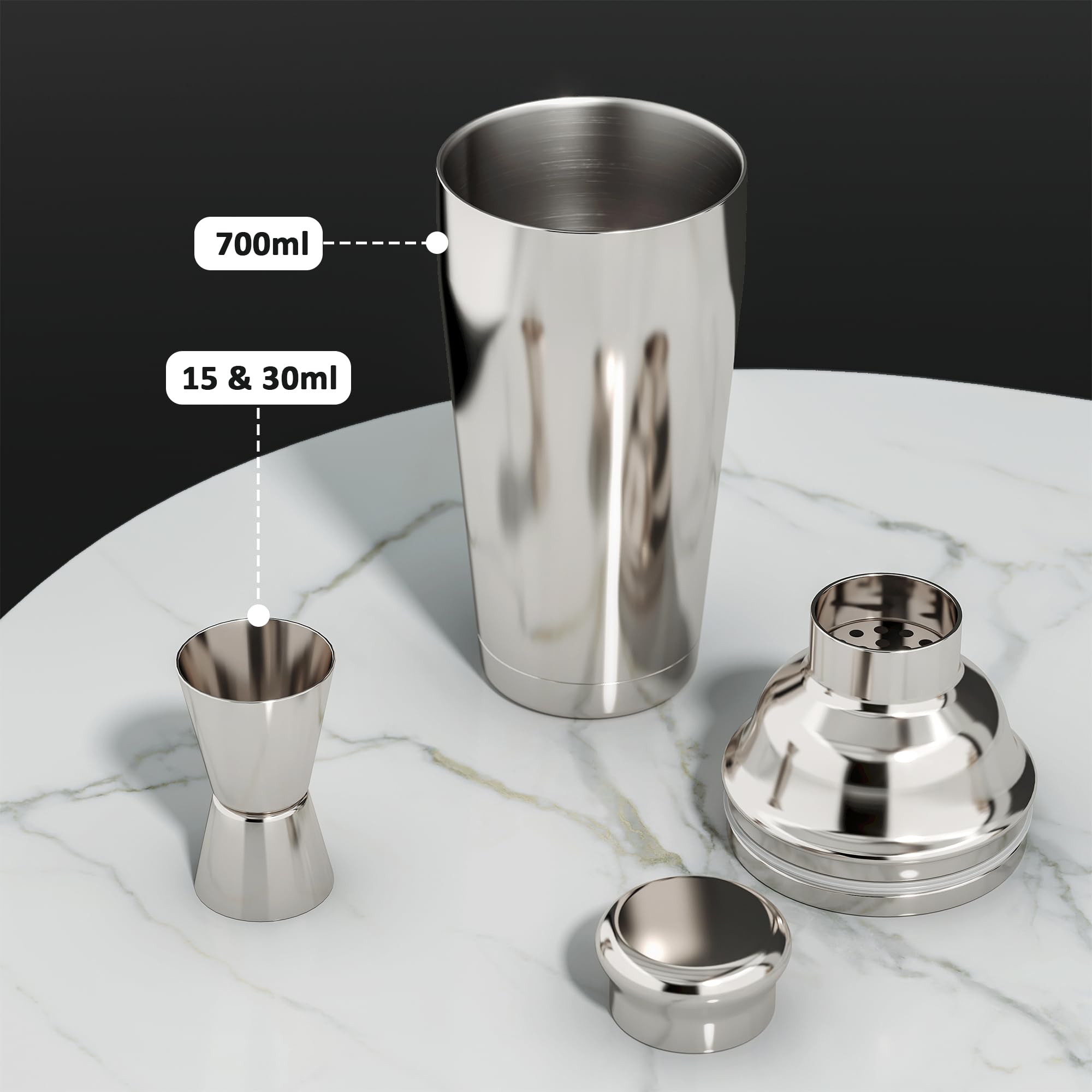 25 Stück Cocktail Shaker Set Avec Support en Bambou et Recettes | 304 Edelstahl, 700ml Boston Shaker, Komplett Bartender Kit, Professionell Bar Zubehör für Cocktails Getränke Mxen, Schenken